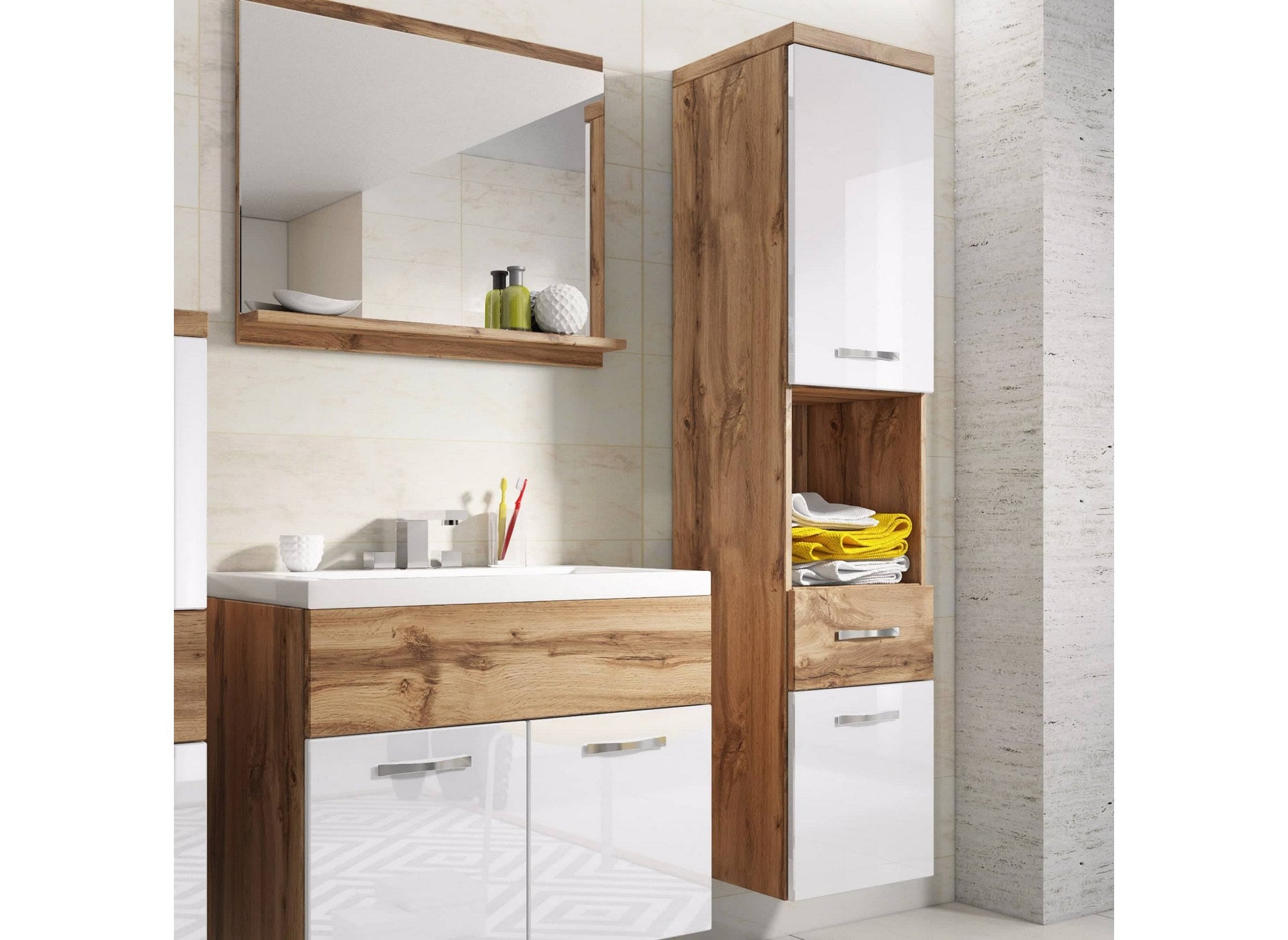 Conjunto de muebles de baño suspendidos - Madera envejecida y blanco SHELBY