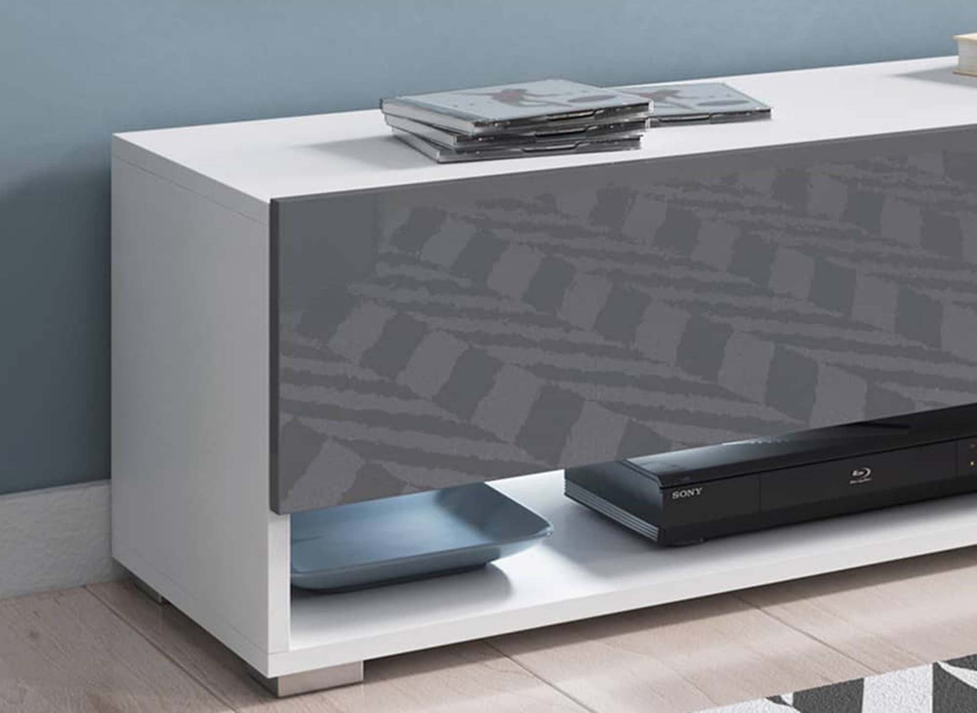 Mueble de TV mural ROMANE XL con 2 puertas y 2 estantes, blanco y gris - 140 cm