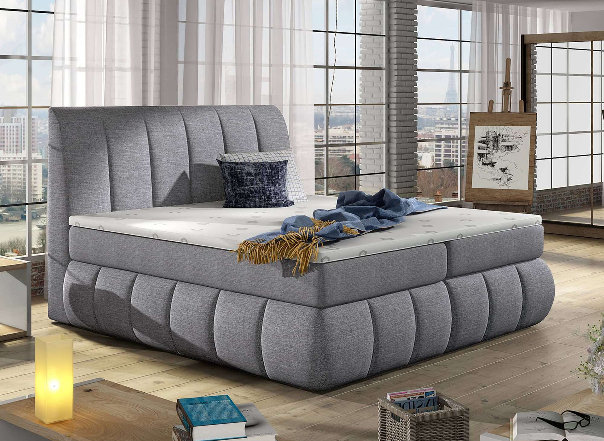 Cama con somier de 180x200 con compartimento de almacenaje en tela gris - VALERIA