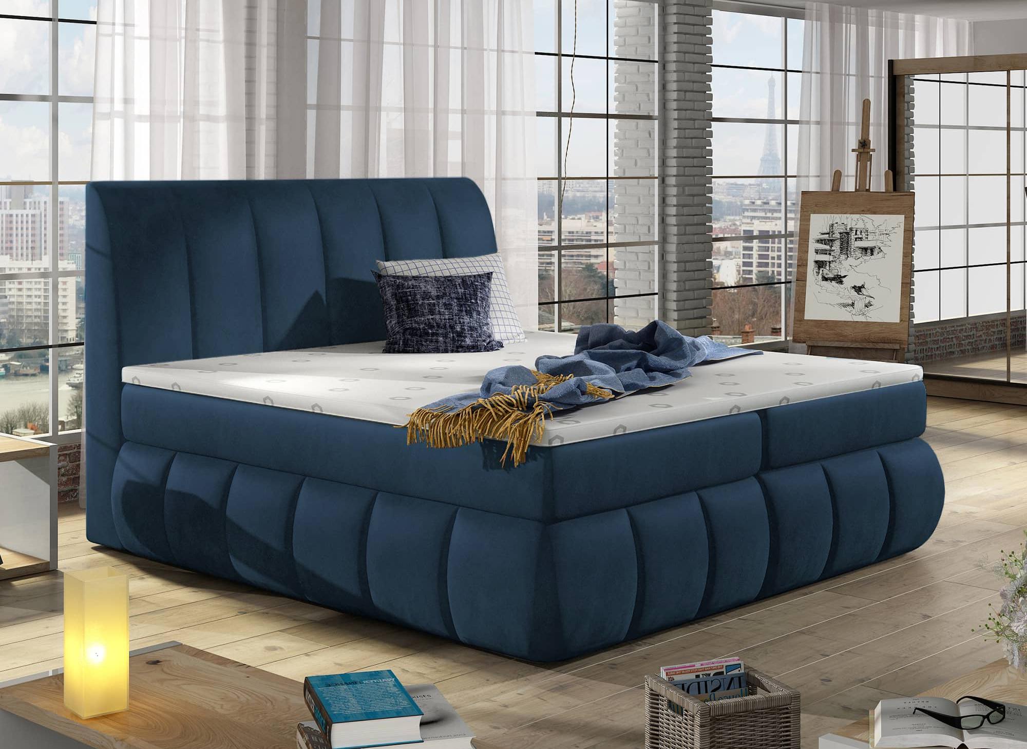 Cama con somier de 140x200 con compartimento de almacenaje en terciopelo azul oscuro - VALERIA