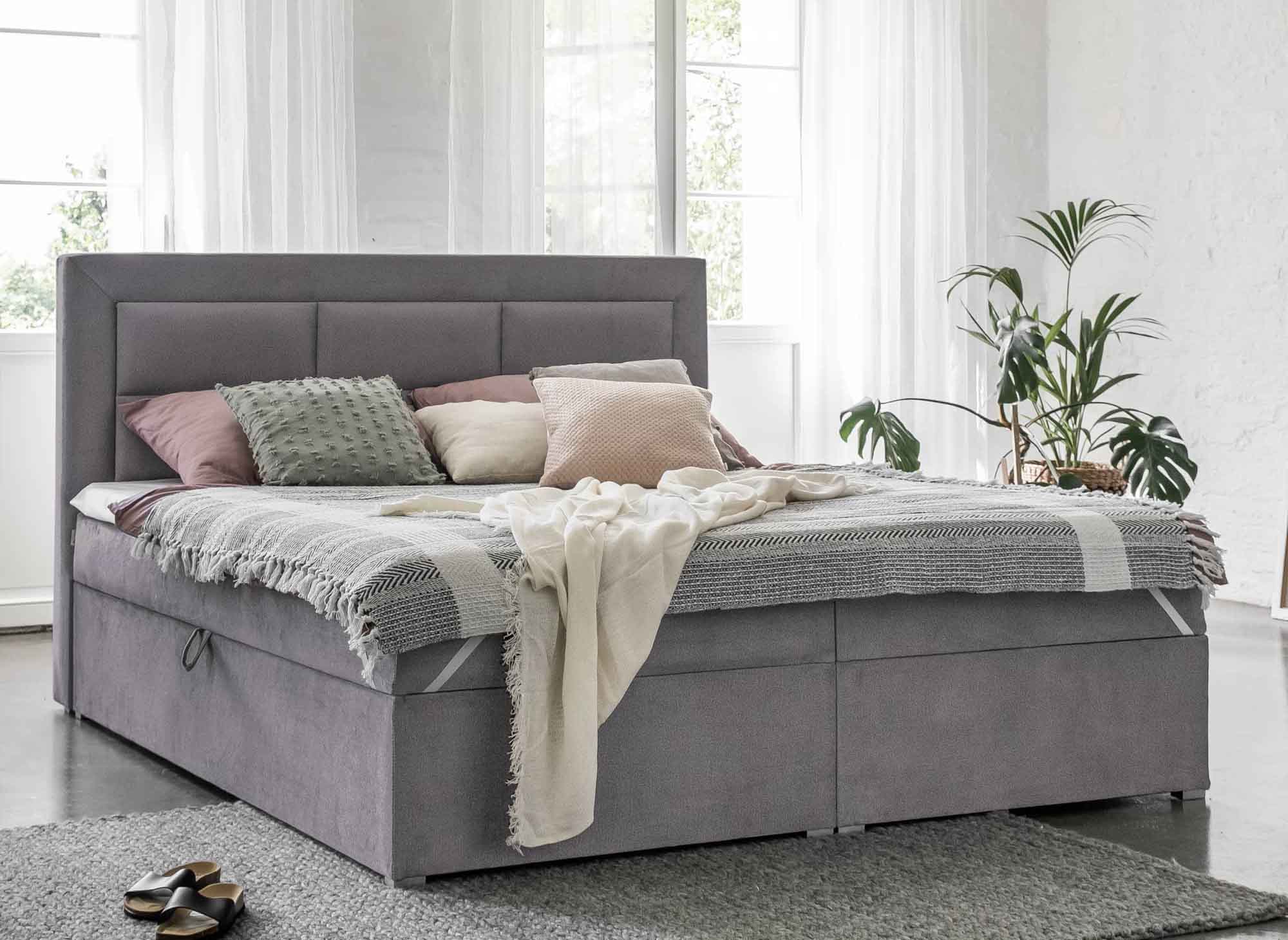 Cama con somier DAKOTA de 140x200 con compartimento de almacenamiento en terciopelo gris
