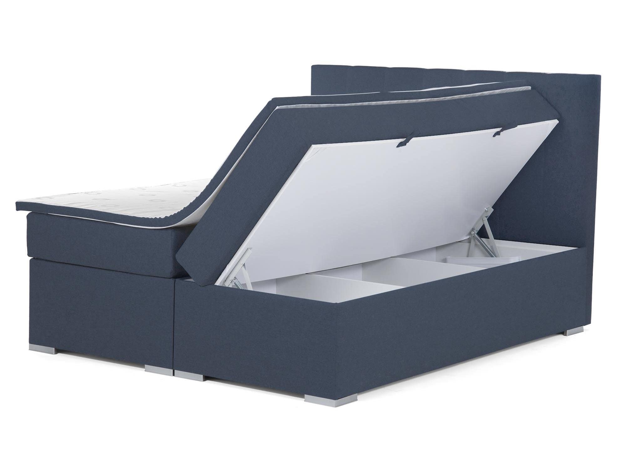 Cama con somier AKADIA de 160x200 con compartimento de almacenaje en tela azul