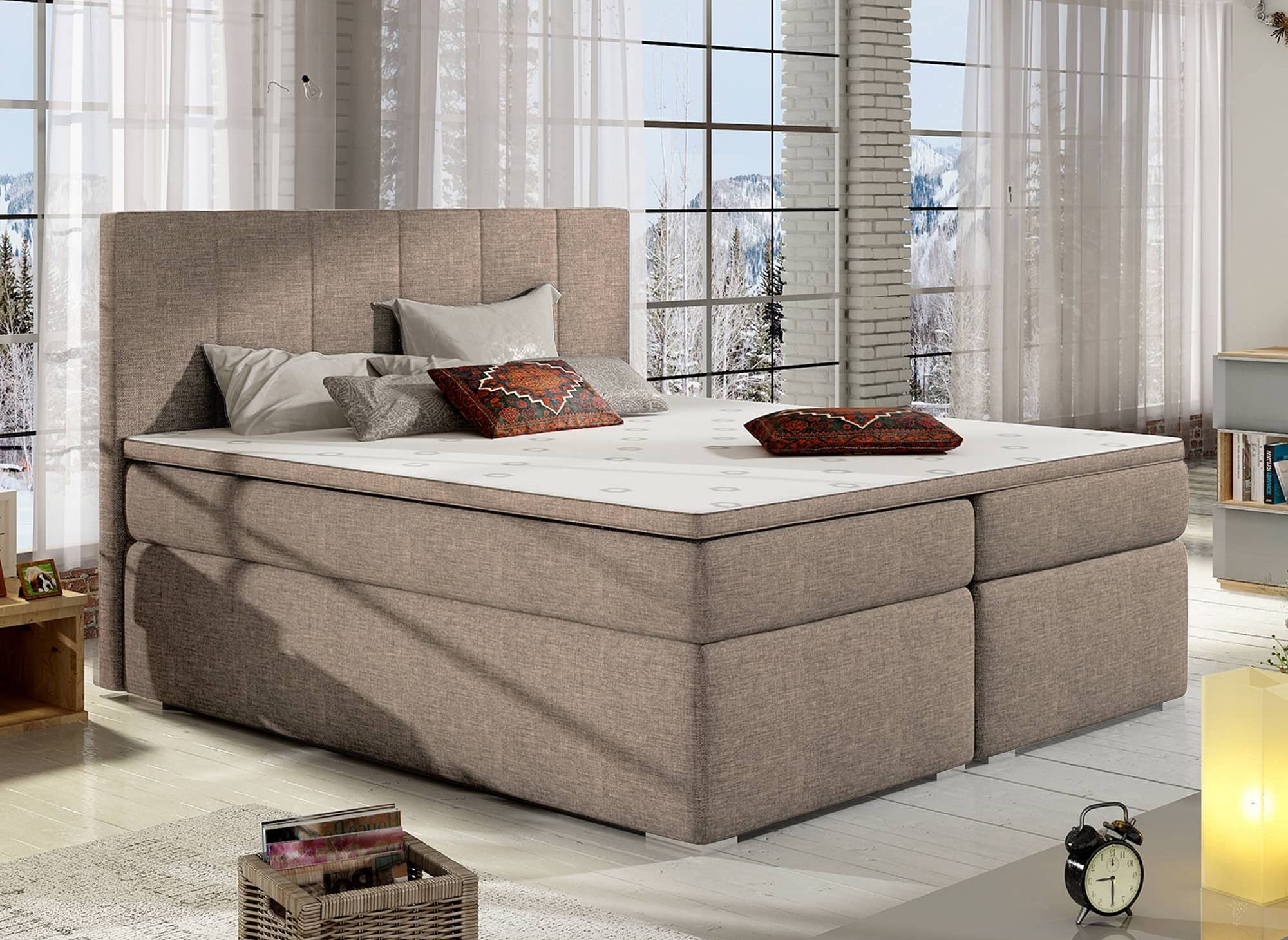 Cama con somier de 160x200 con compartimento de almacenaje en tela color beige moca - AKADIA