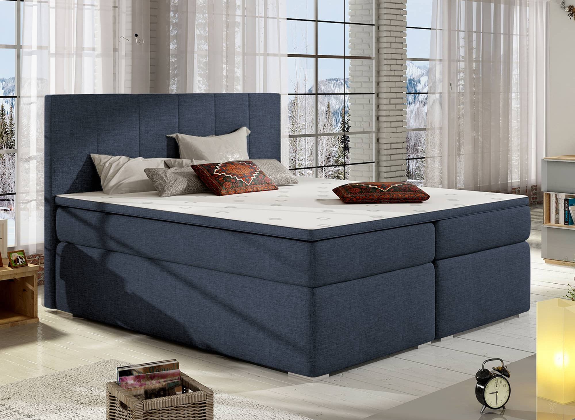 Cama con somier de 180x200 con compartimento de almacenaje en tela azul - AKADIA