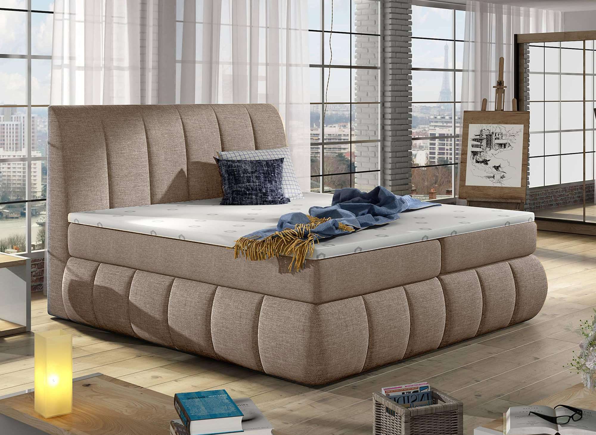 Cama con somier de 160x200 con compartimento de almacenaje en tela color beige moca - VALERIA