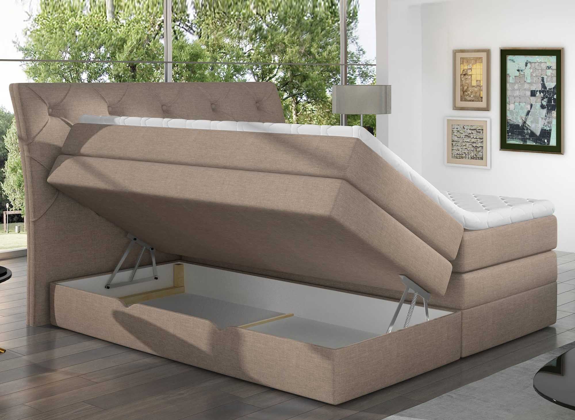 Cama con somier MIRANDA de 180x200 con compartimento de almacenaje en tela beige