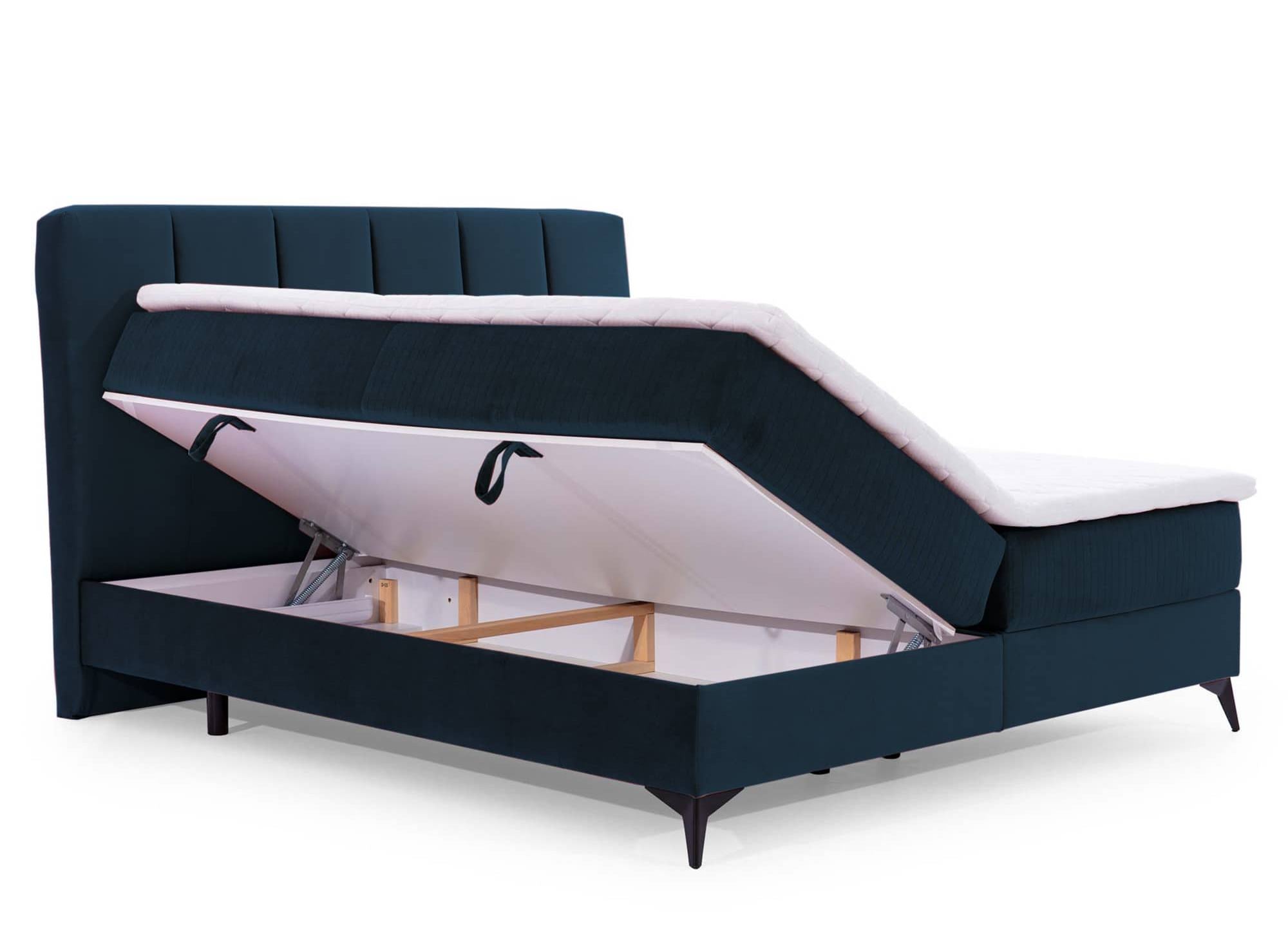 Cama con somier ADELE de 160x200 con compartimento de almacenaje en terciopelo azul oscuro