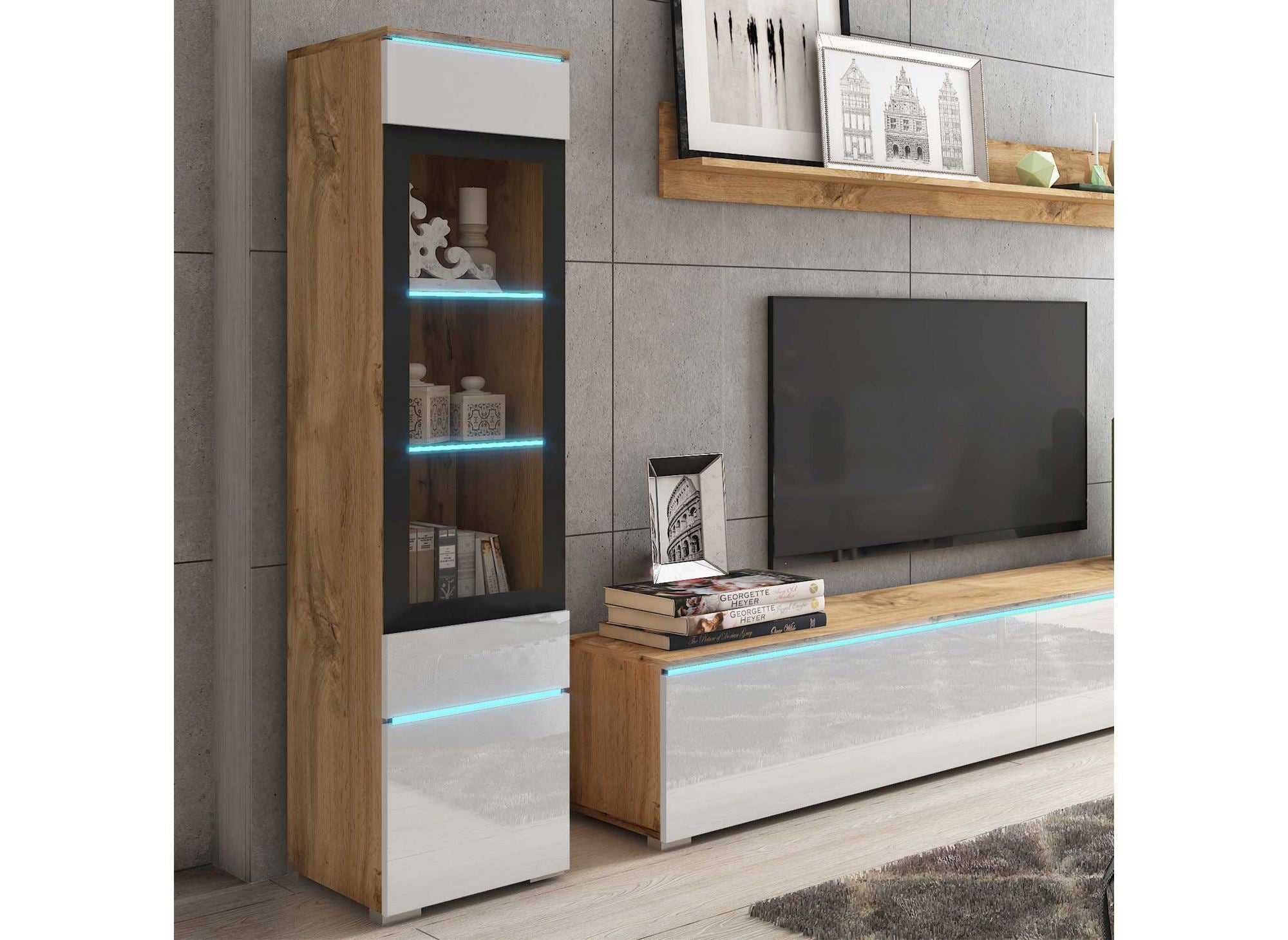 Mueble de TV contemporáneo en roble y laca blanca con iluminación LED - VERONICA