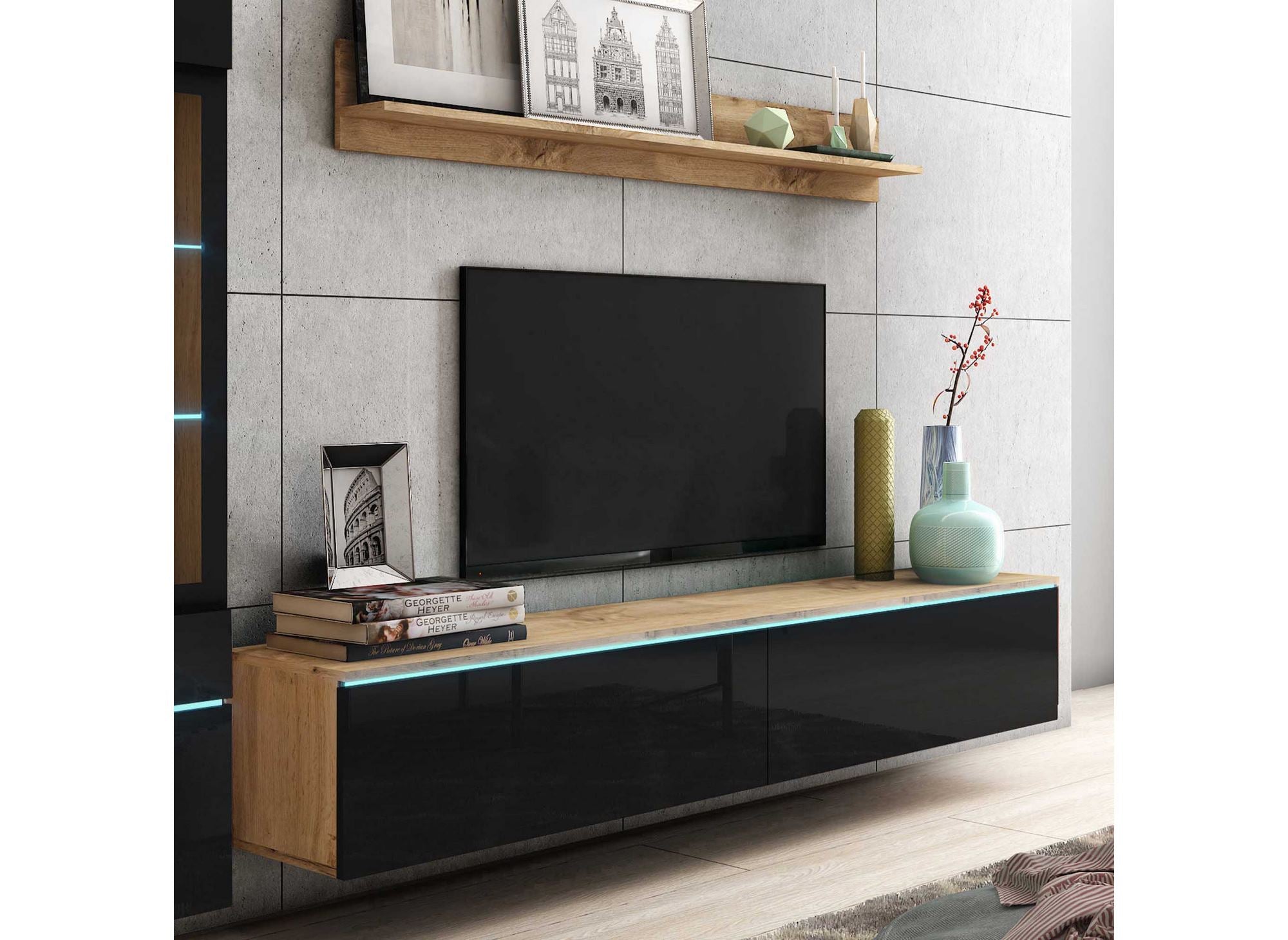 Mueble de TV contemporáneo en roble y laca negra con iluminación LED - VERONICA