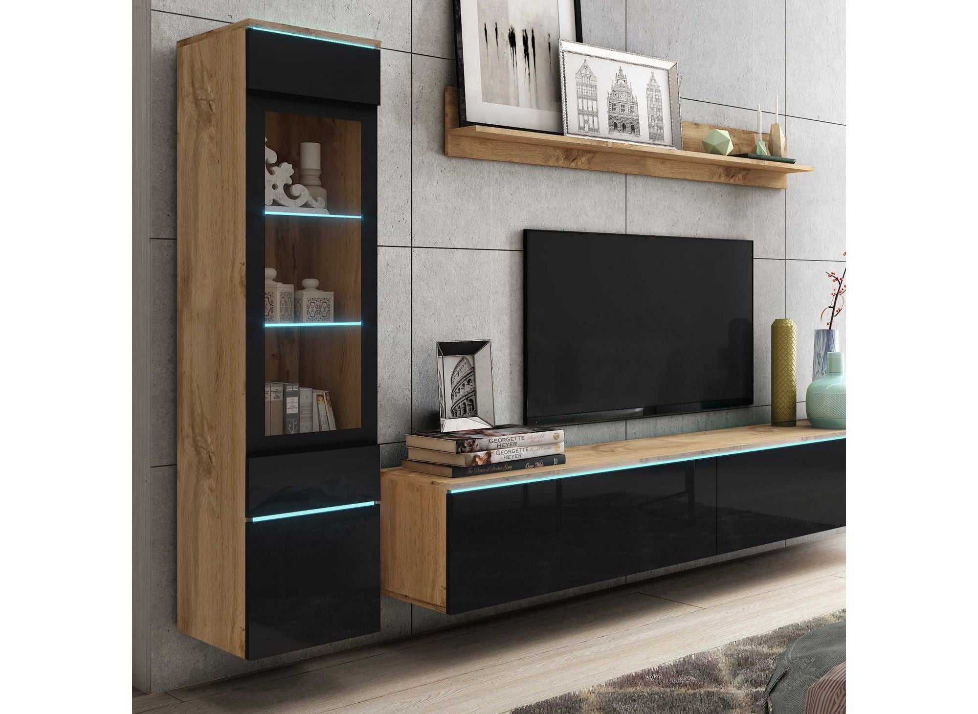 Mueble de TV contemporáneo en roble y laca negra con iluminación LED - VERONICA