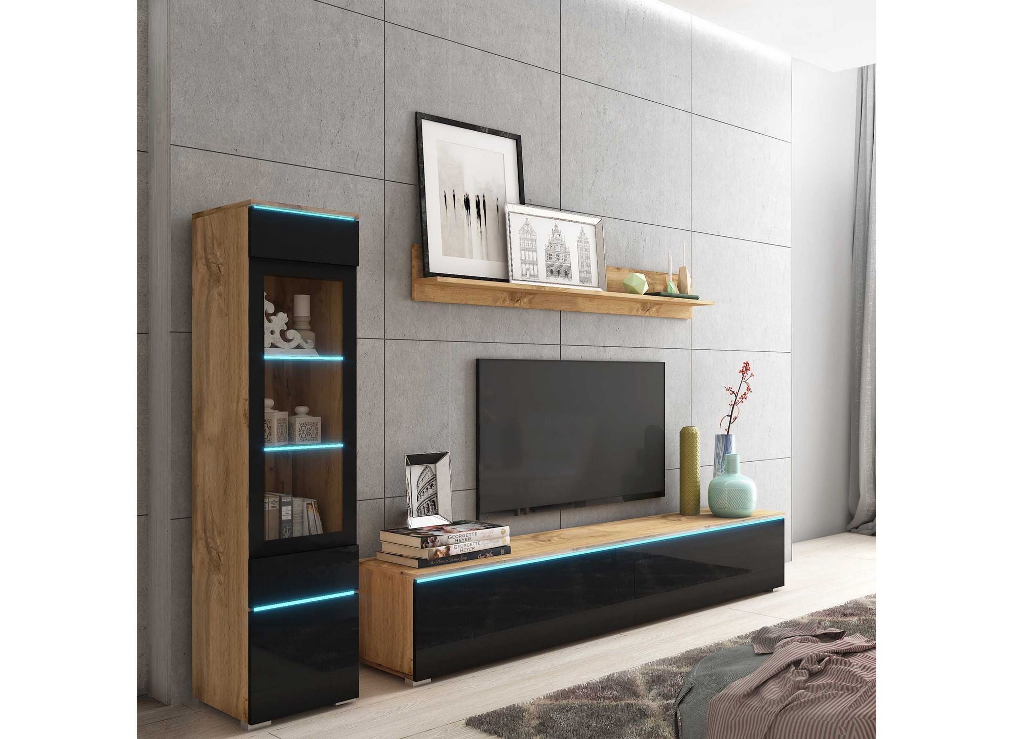 Mueble de TV contemporáneo en roble y laca negra con iluminación LED - VERONICA
