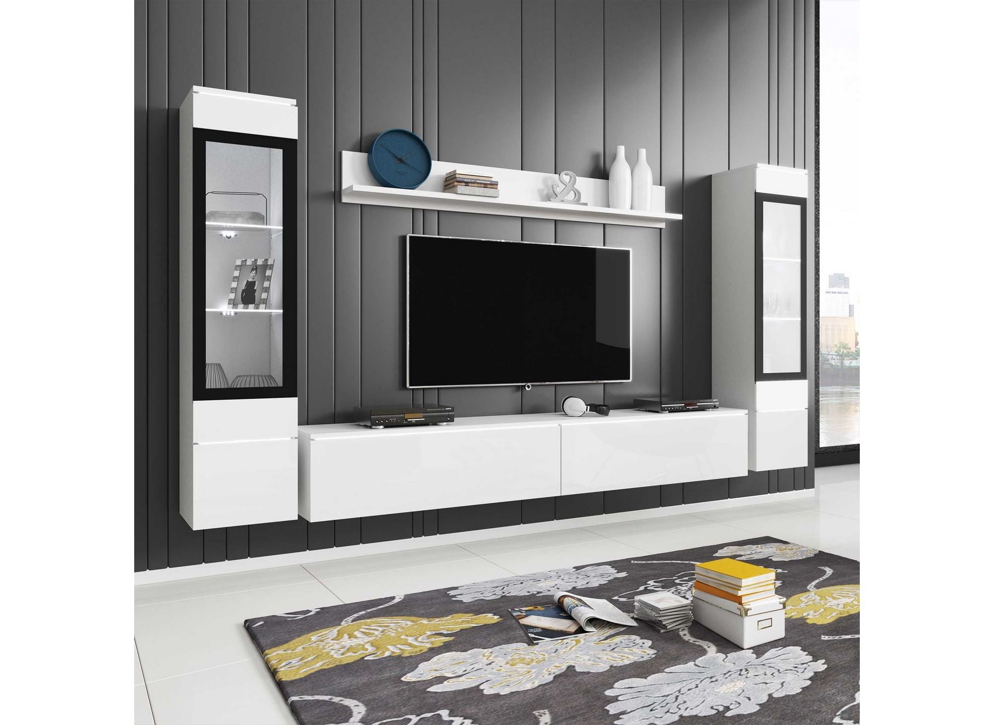 Mueble de TV contemporáneo lacado en blanco con iluminación LED - VERONICA XL