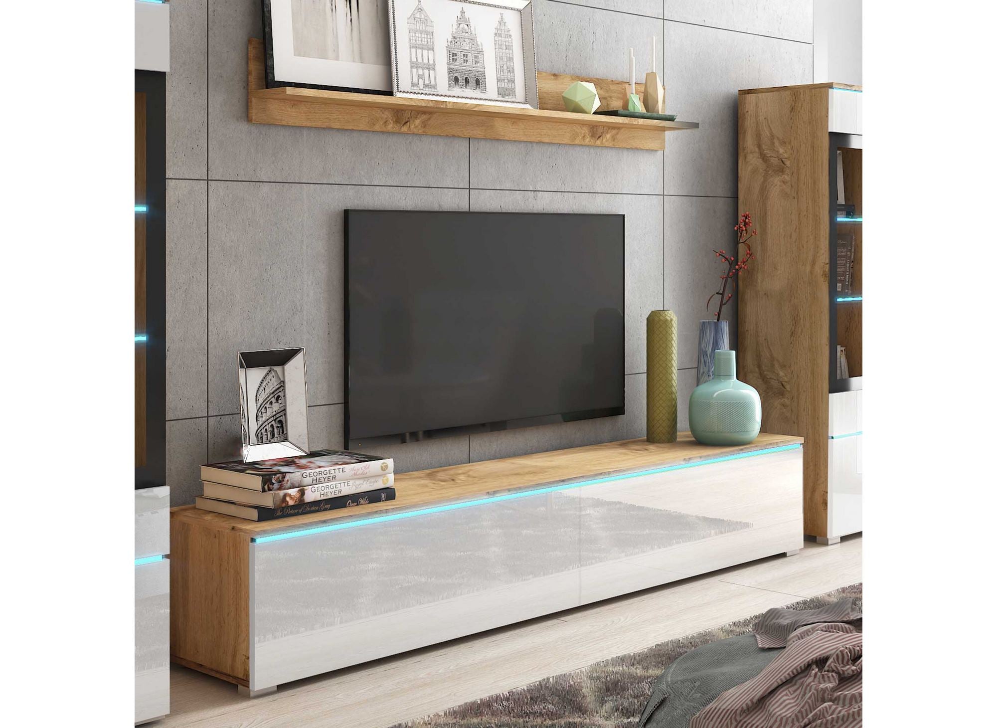 Mueble de TV contemporáneo en roble y laca blanca con iluminación LED - VERONICA XL