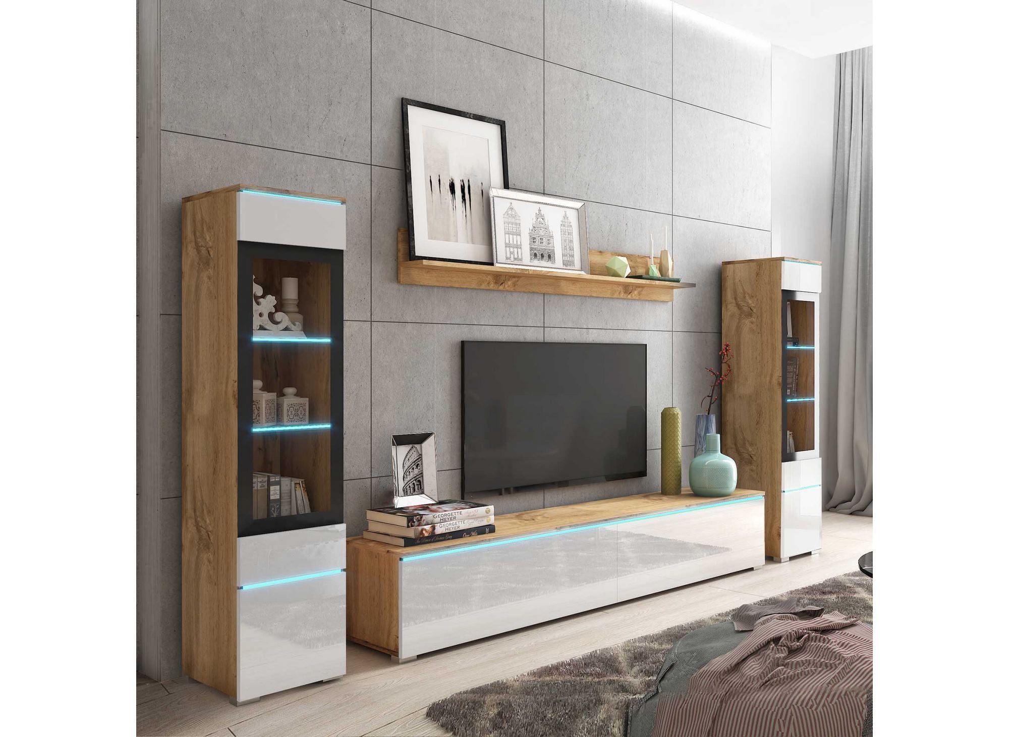 Mueble de TV contemporáneo en roble y laca blanca con iluminación LED - VERONICA XL