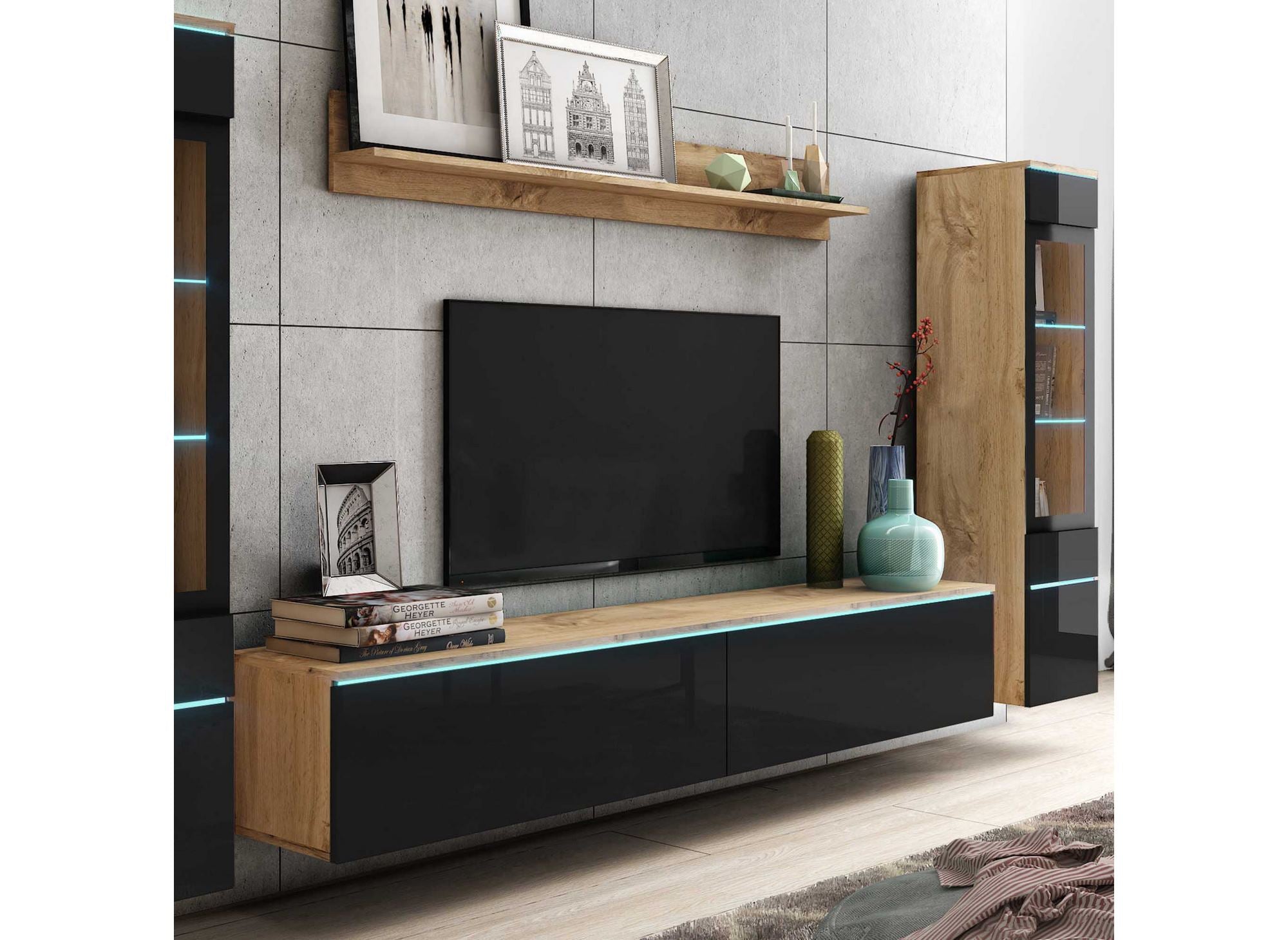 Mueble de TV contemporáneo en roble y laca negra con iluminación LED - VERONICA XL