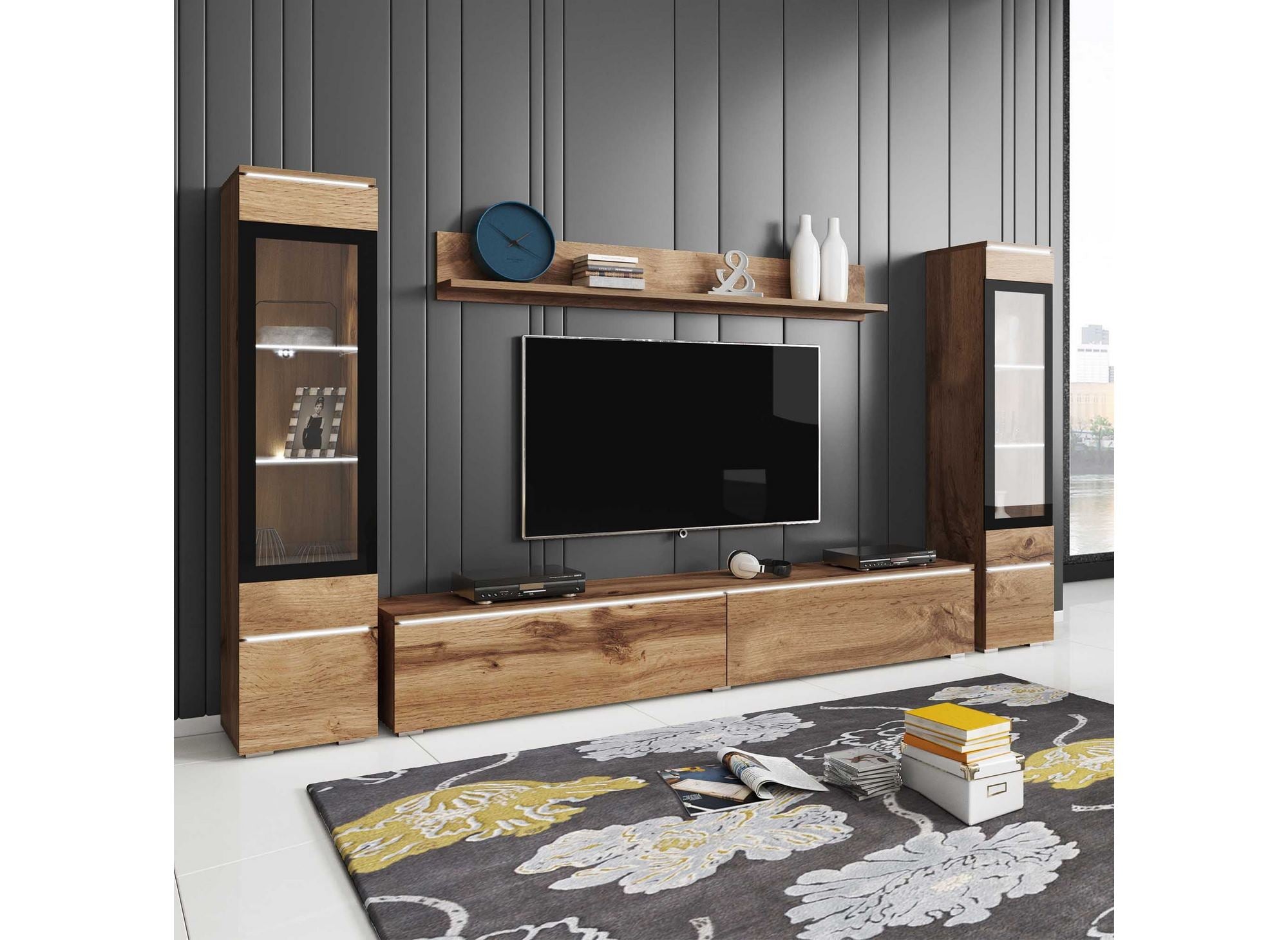 Mueble de TV contemporáneo en roble envejecido con iluminación LED - VERONICA XL