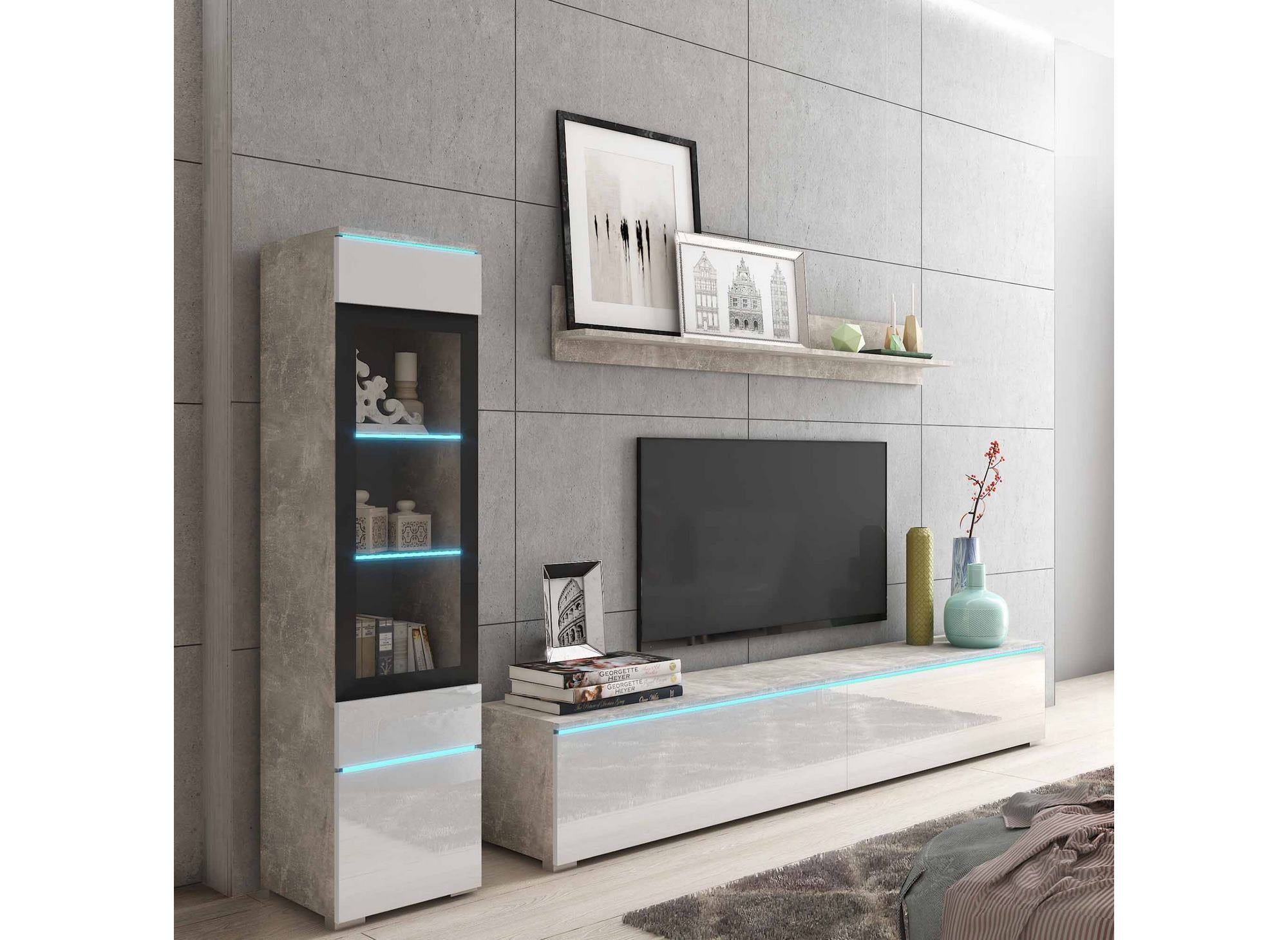 Mueble de TV contemporáneo en hormigón gris y lacado blanco con iluminación LED - VERONICA