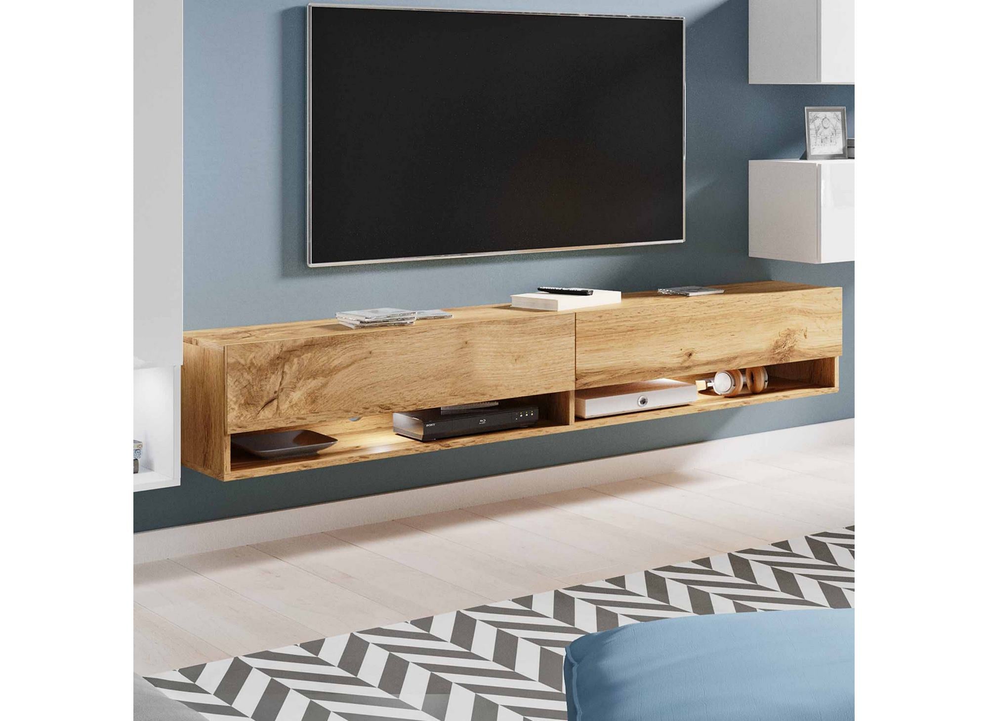 Mueble de TV contemporáneo de roble y lacado blanco con iluminación LED - AMANDA