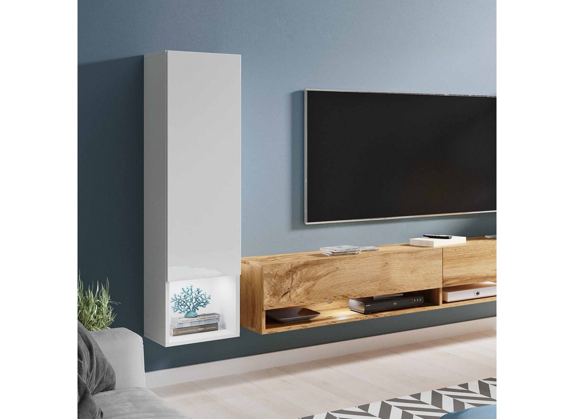 Mueble de TV contemporáneo de roble y lacado blanco con iluminación LED - AMANDA