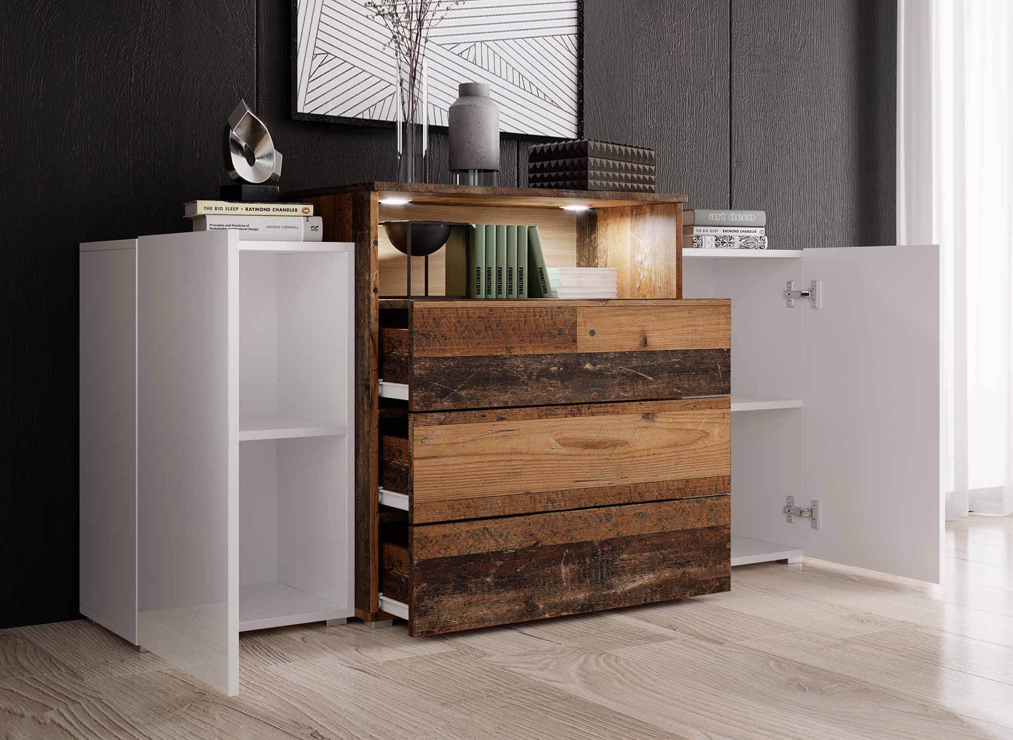 Aparador de 2 puertas y 3 cajones en roble blanco y envejecido con iluminación LED - MARCEL