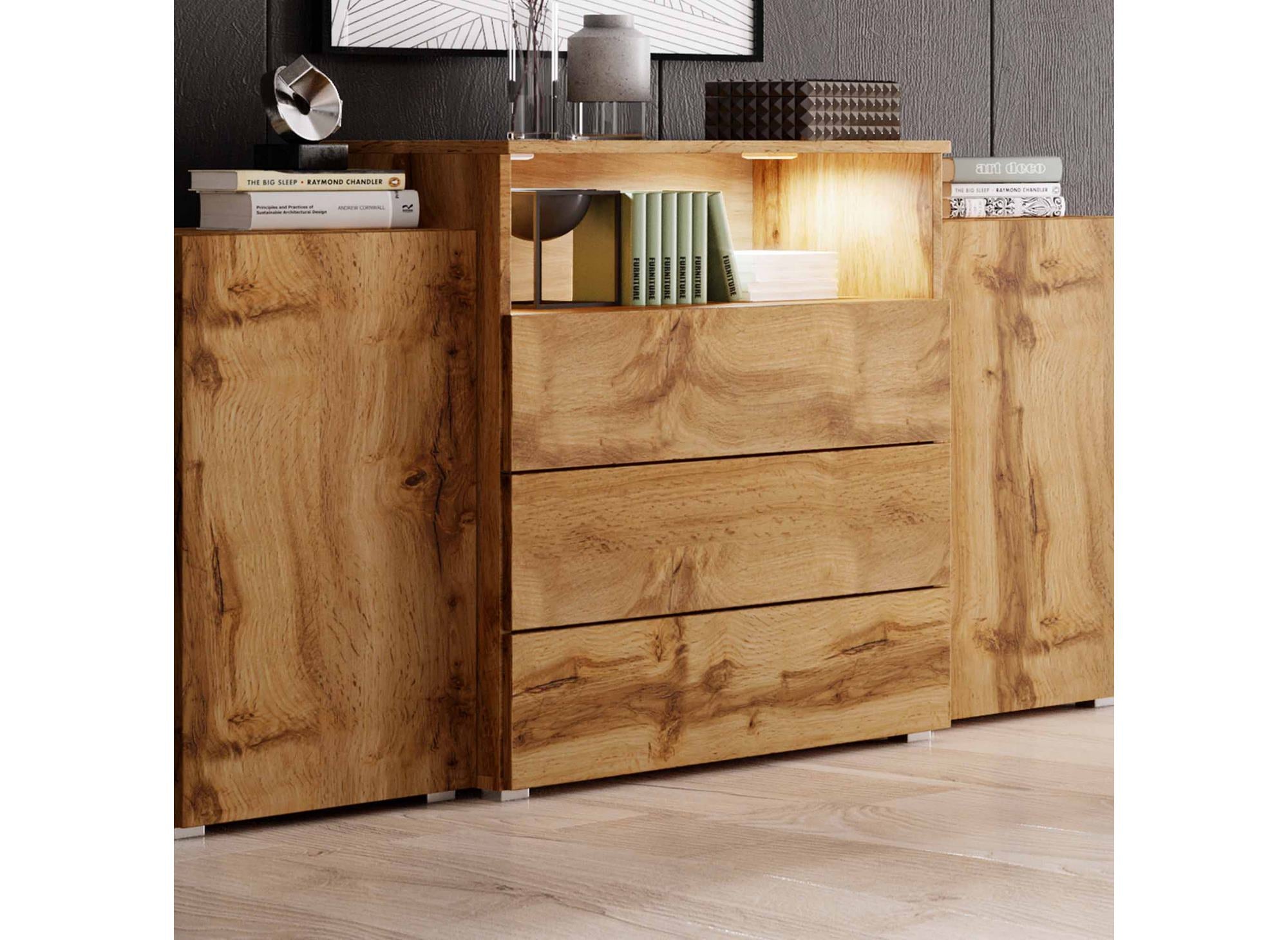 Aparador de roble de 2 puertas y 3 cajones con iluminación LED - MARCEL