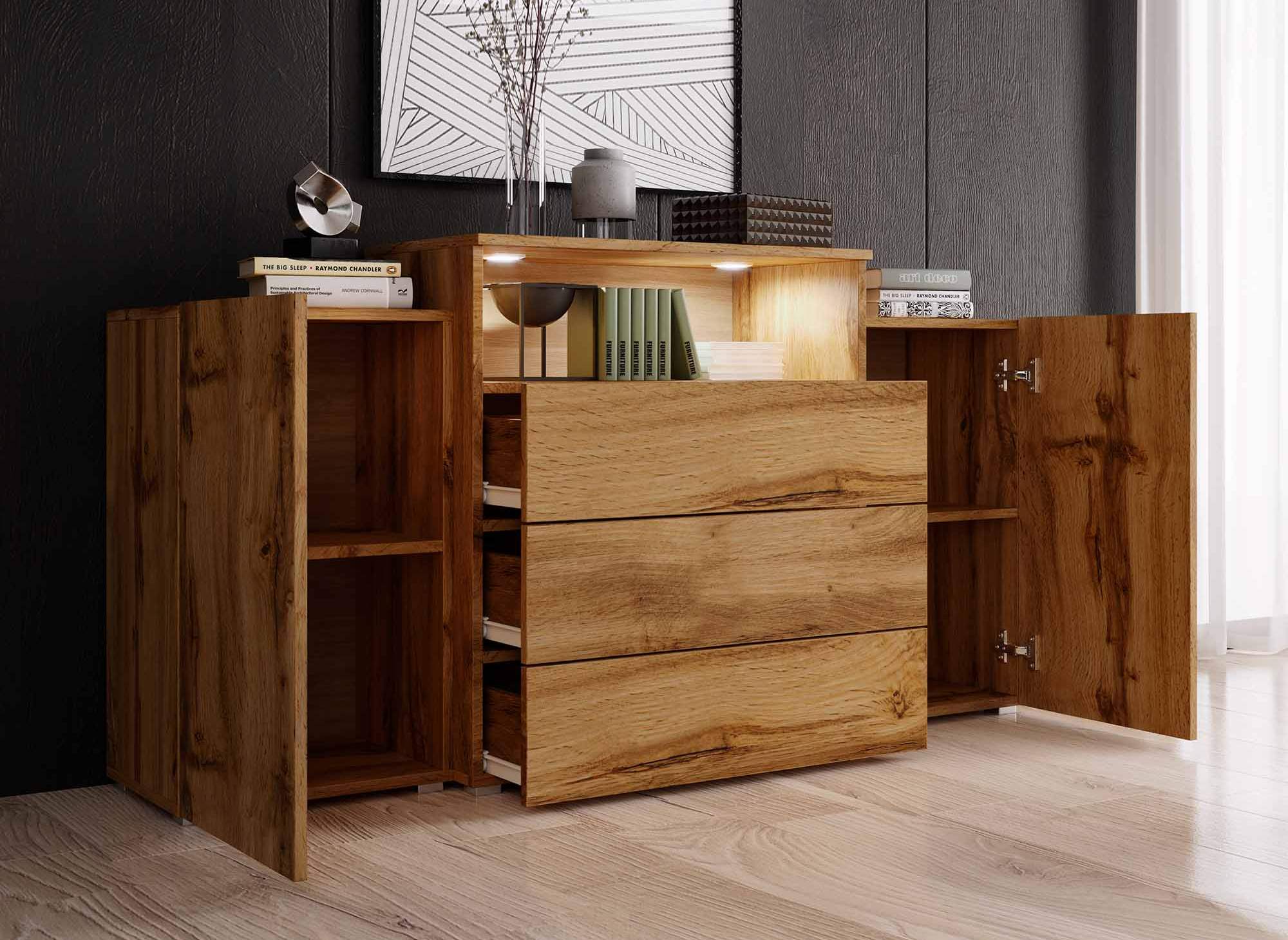 Aparador de roble de 2 puertas y 3 cajones con iluminación LED - MARCEL