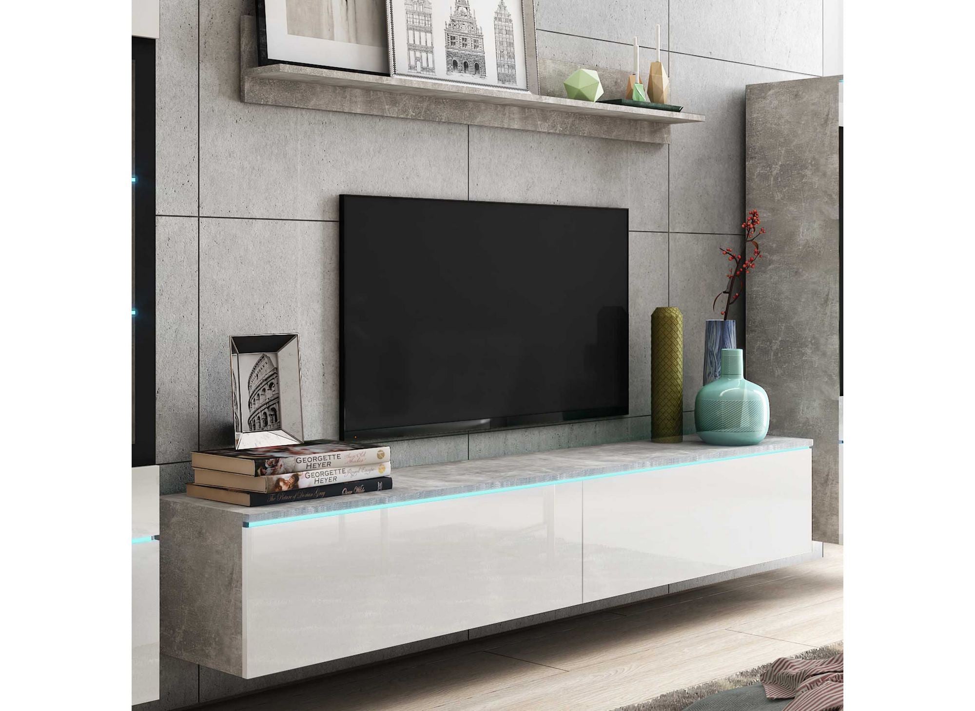 Mueble de TV contemporáneo en laca gris hormigón y blanca con iluminación LED - VERONICA XL