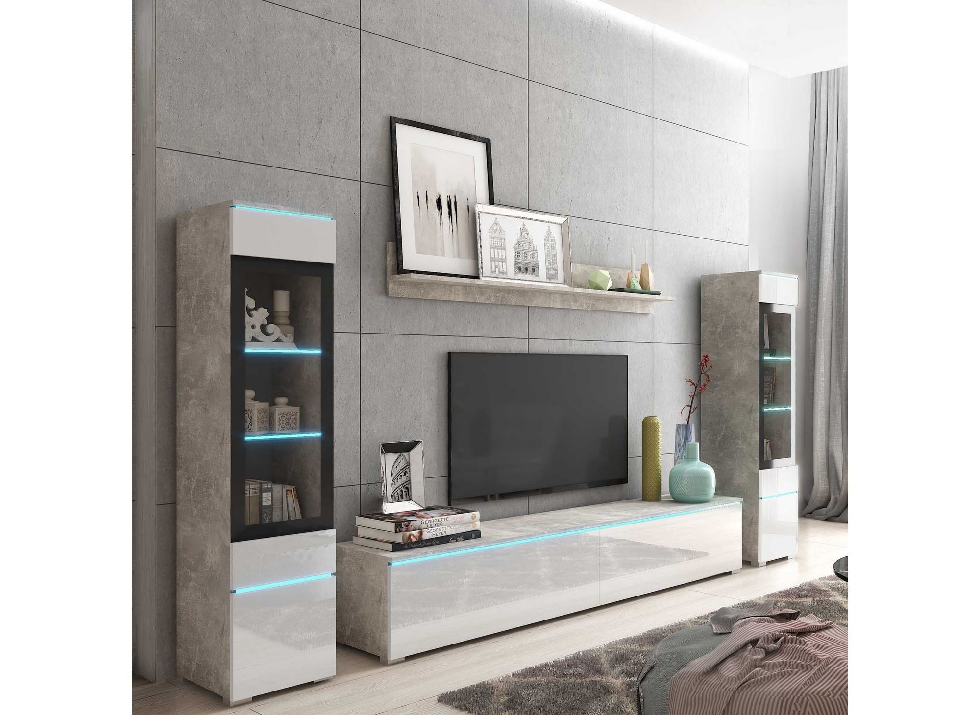 Mueble de TV contemporáneo en laca gris hormigón y blanca con iluminación LED - VERONICA XL