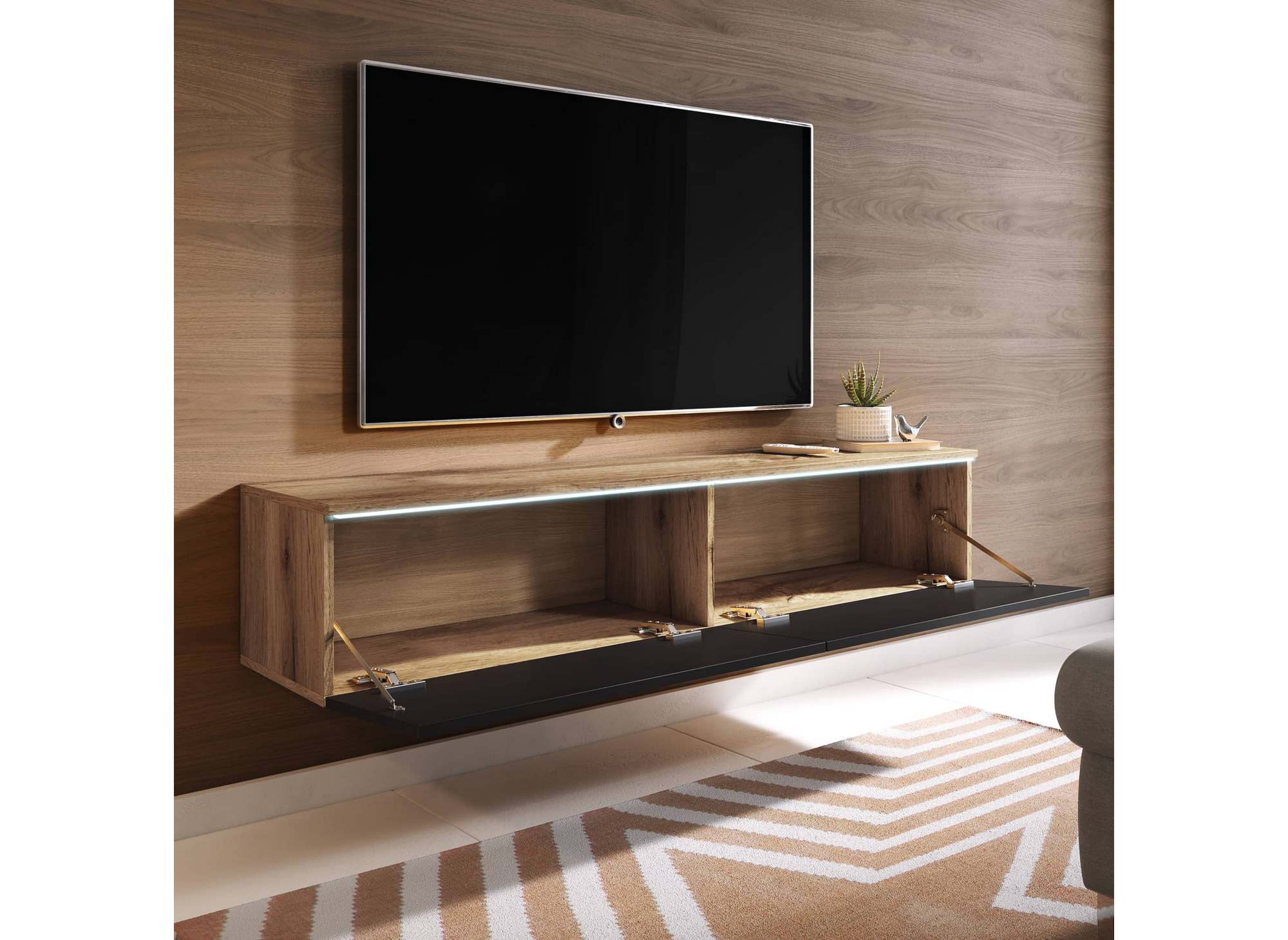 Mueble de TV MALORIE en roble envejecido y laca negra con iluminación LED y 2 puertas - 180 cm
