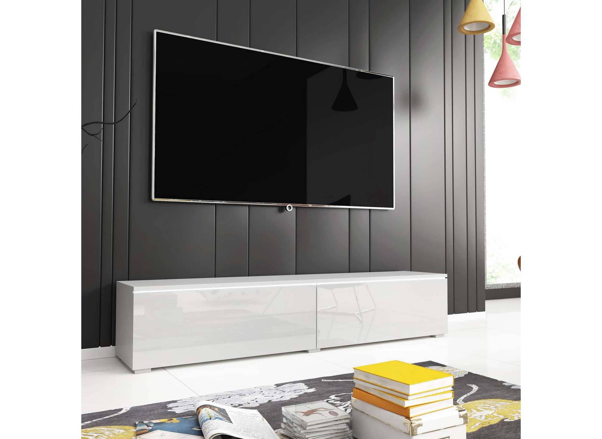 Mueble de TV contemporáneo MALORIE de 2 puertas lacado en blanco con iluminación LED - 180 cm