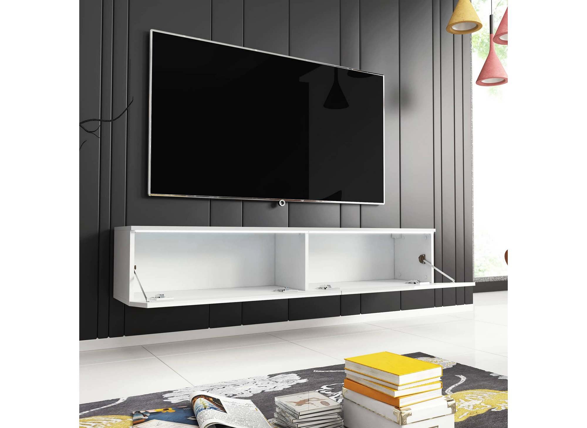 Mueble de TV contemporáneo MALORIE de 2 puertas lacado en blanco con iluminación LED - 180 cm