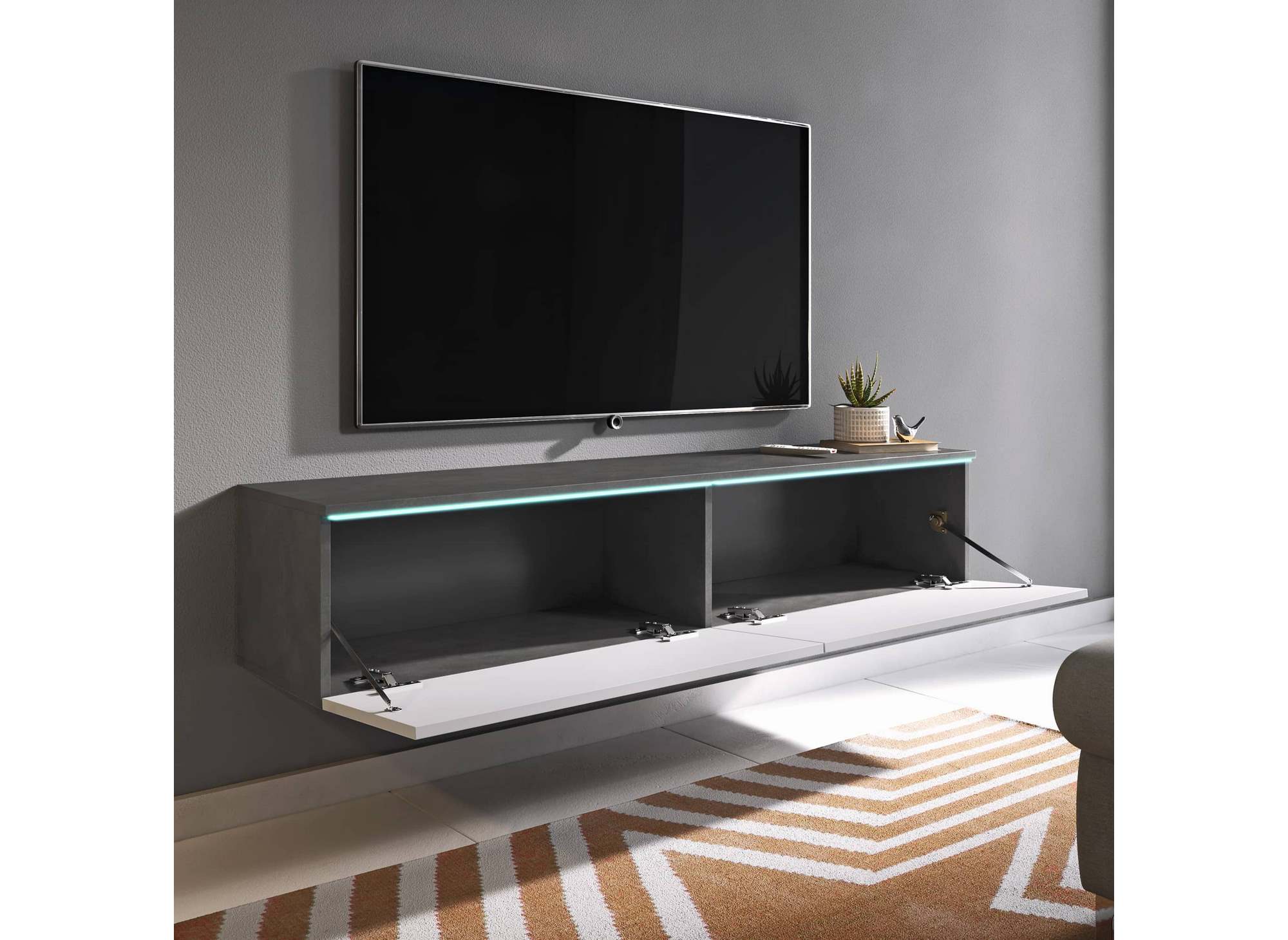 Mueble de TV contemporáneo gris y blanco con iluminación LED y 2 puertas MALORIE - 180 cm