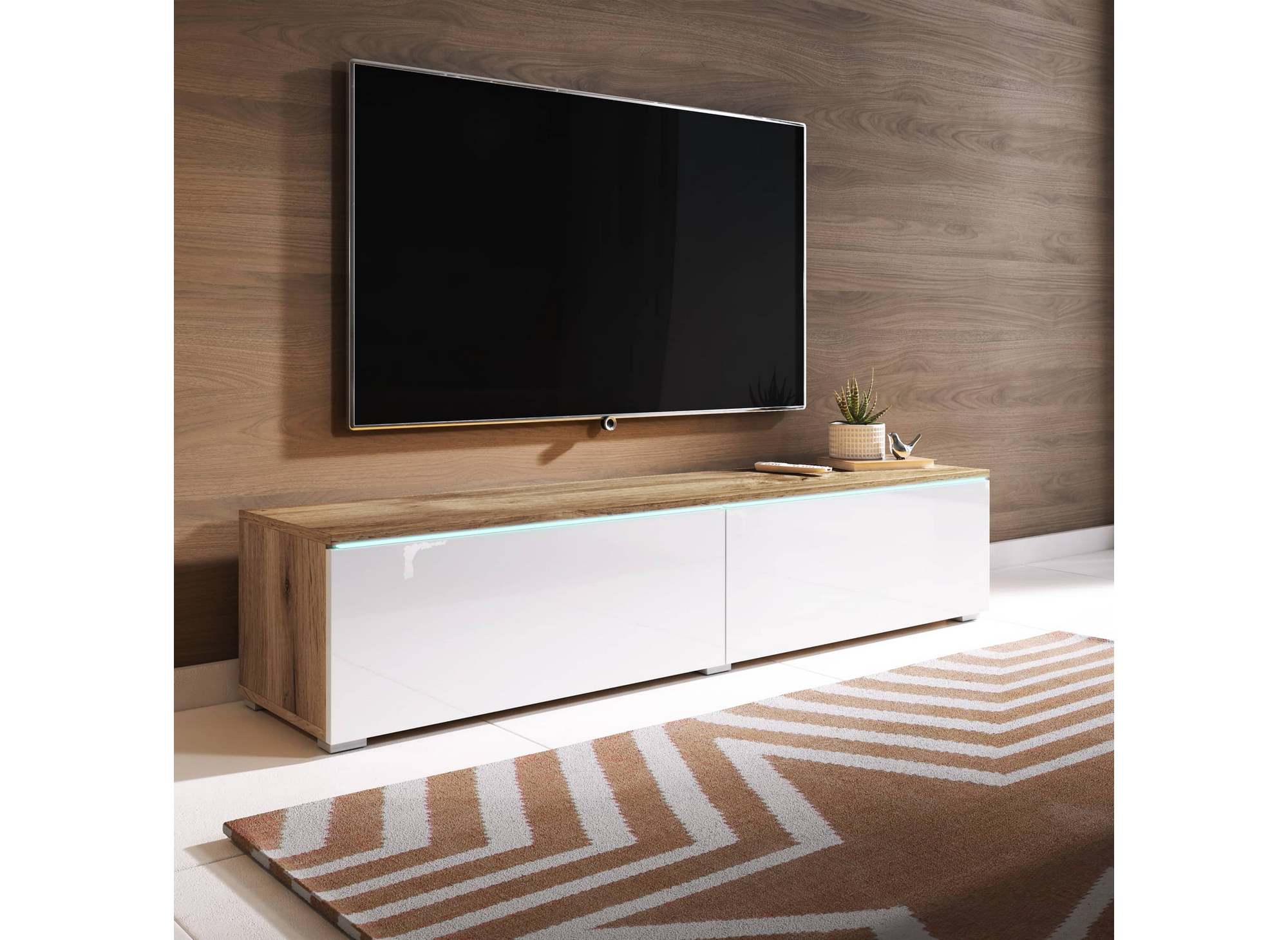 Mueble de TV MALORIE contemporáneo en roble y blanco con iluminación LED y 2 puertas - 180 cm