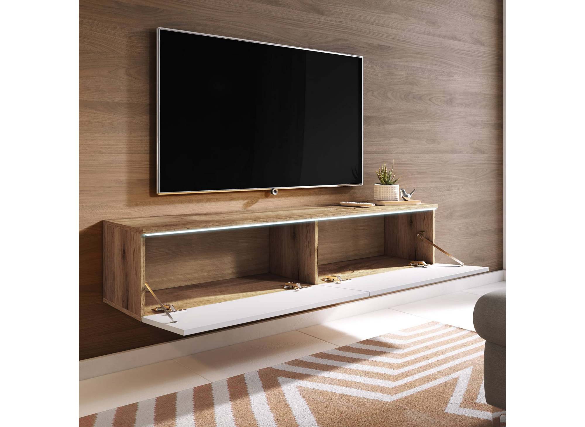 Mueble de TV MALORIE contemporáneo en roble y blanco con iluminación LED y 2 puertas - 180 cm