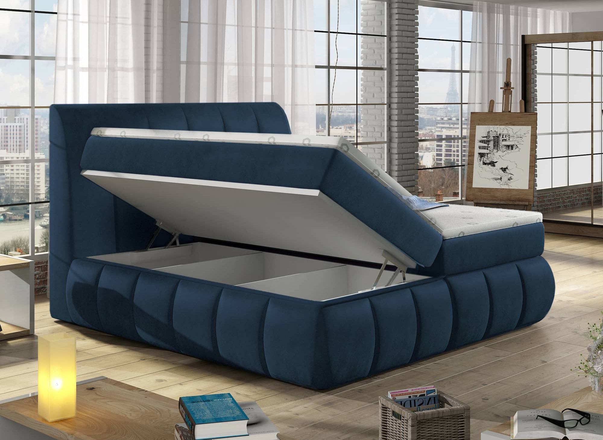 Cama con somier de 140x200 con compartimento de almacenaje en terciopelo azul oscuro - VALERIA