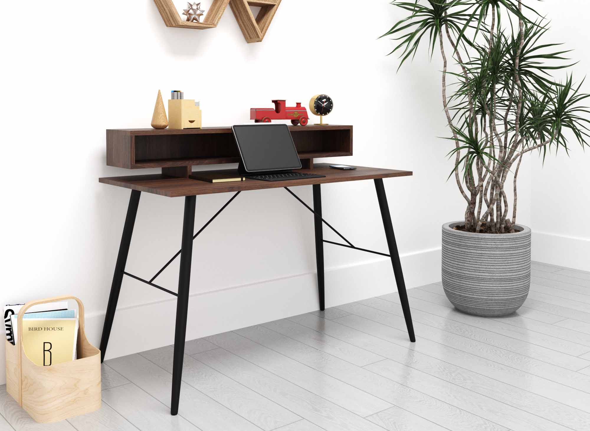 Escritorio MARLINE de estilo industrial con nichos de madera y metal negro