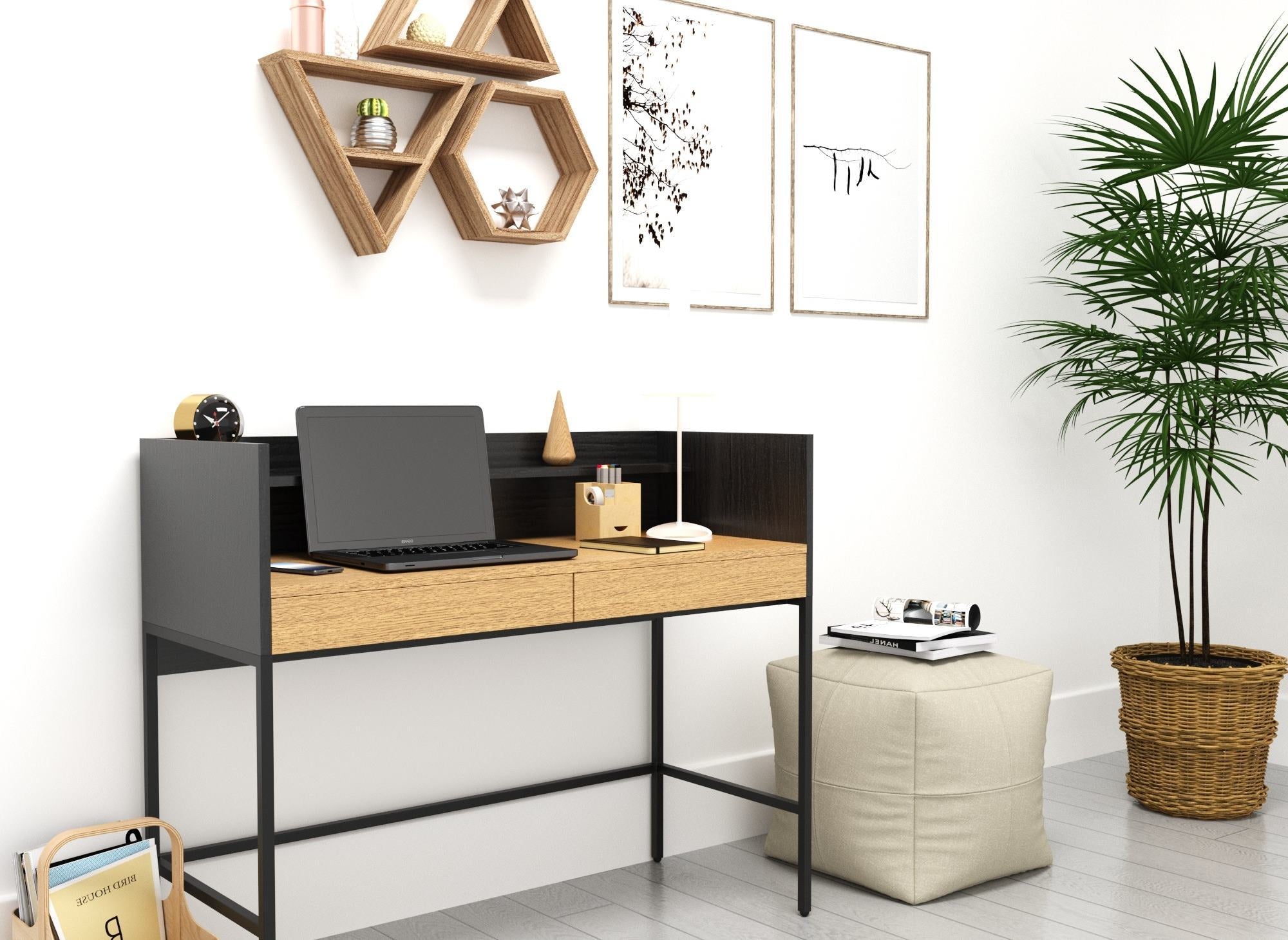 Escritorio ALICE de estilo industrial con 2 cajones y 1 estante, fabricado en madera y metal.