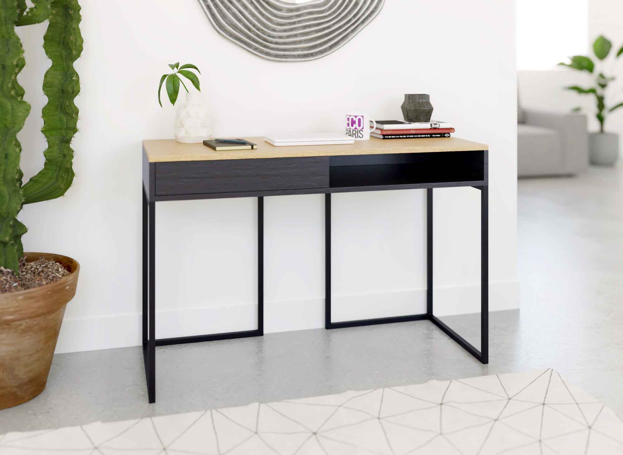 Escritorio industrial COLETTE con cajón y espacio de almacenamiento en madera y metal.