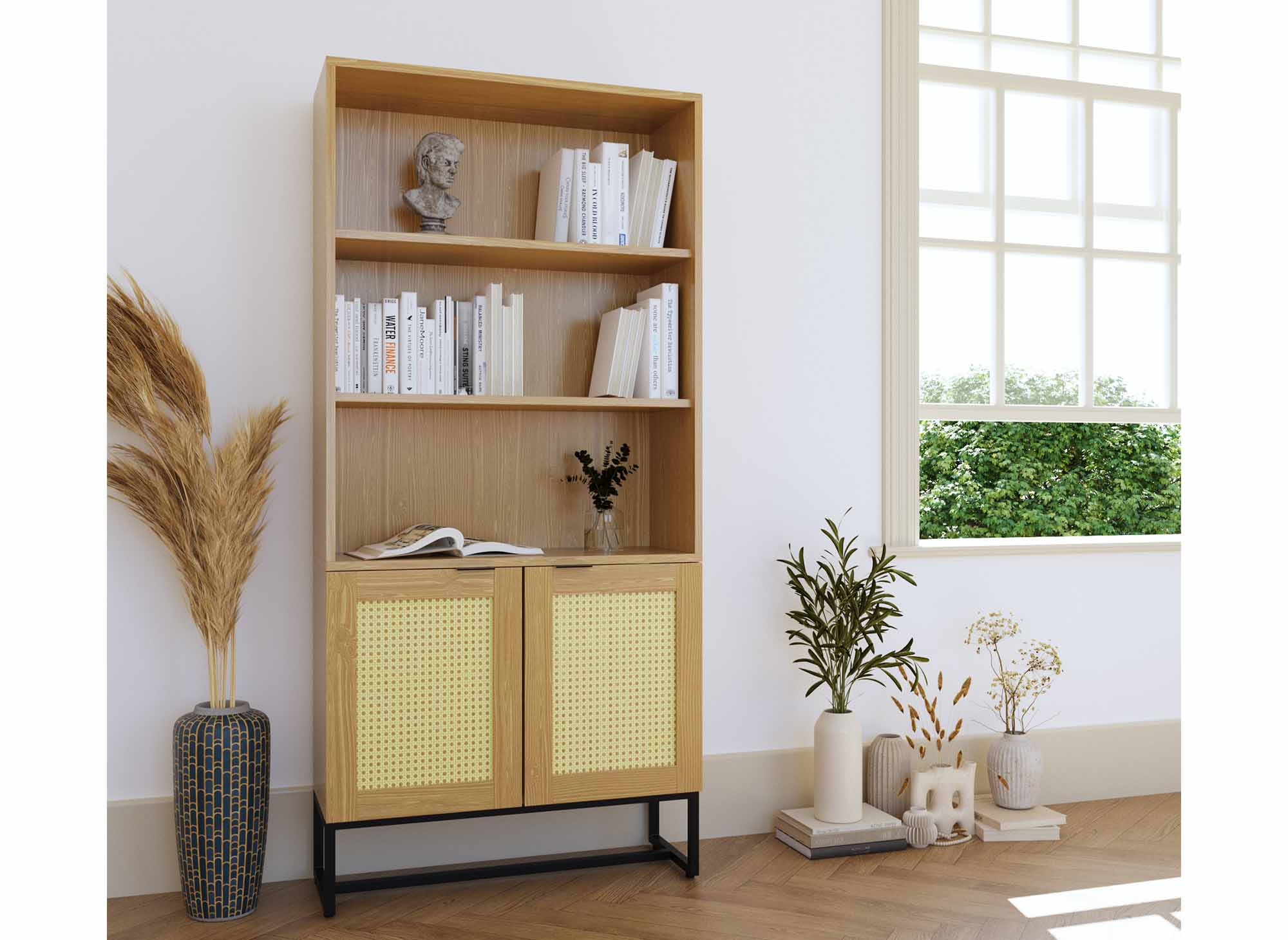 Librería escandinava TULLIO con 2 puertas y 2 estantes en madera, metal y rejilla.