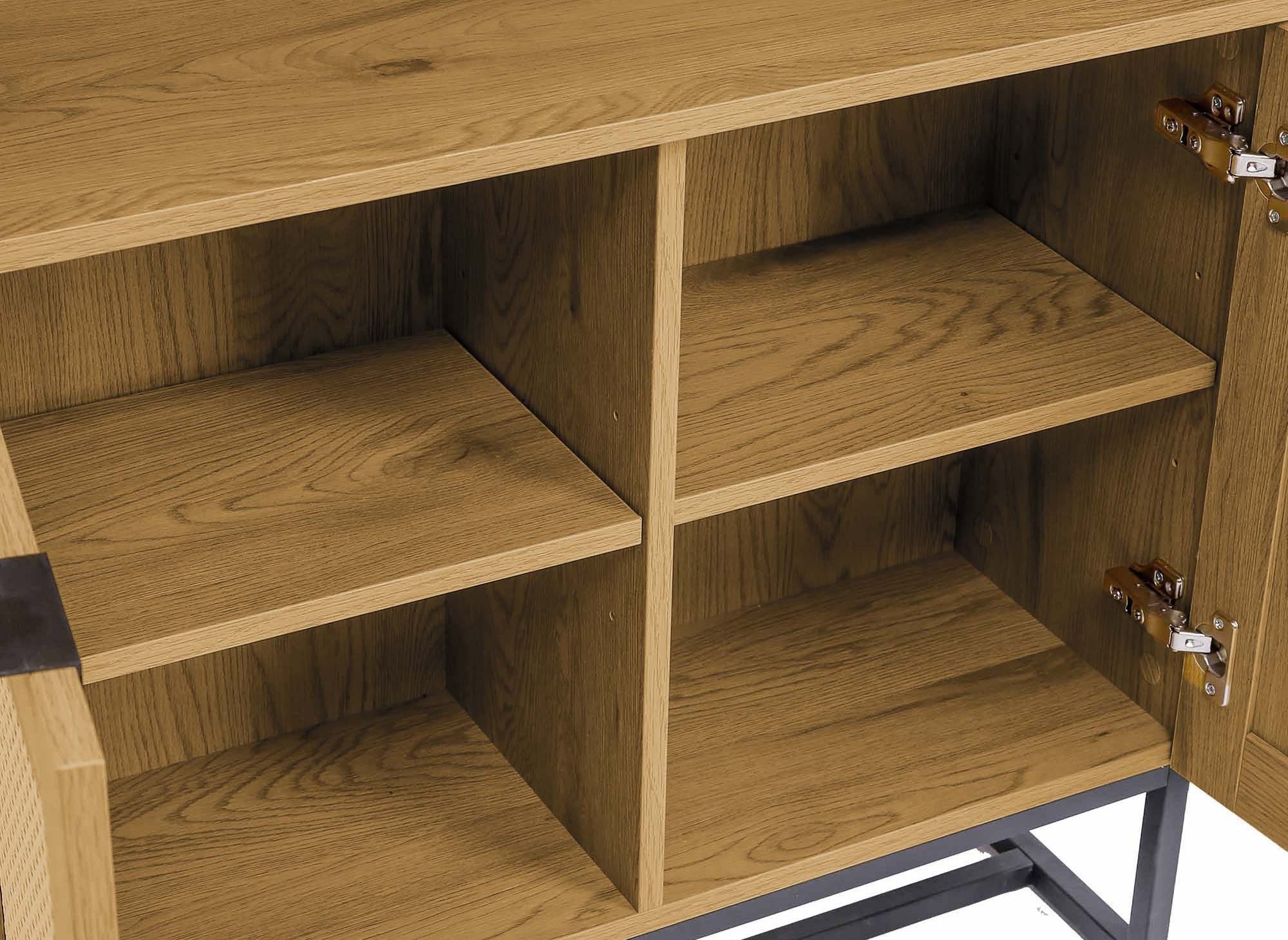 Librería escandinava TULLIO con 2 puertas y 2 estantes en madera, metal y rejilla.