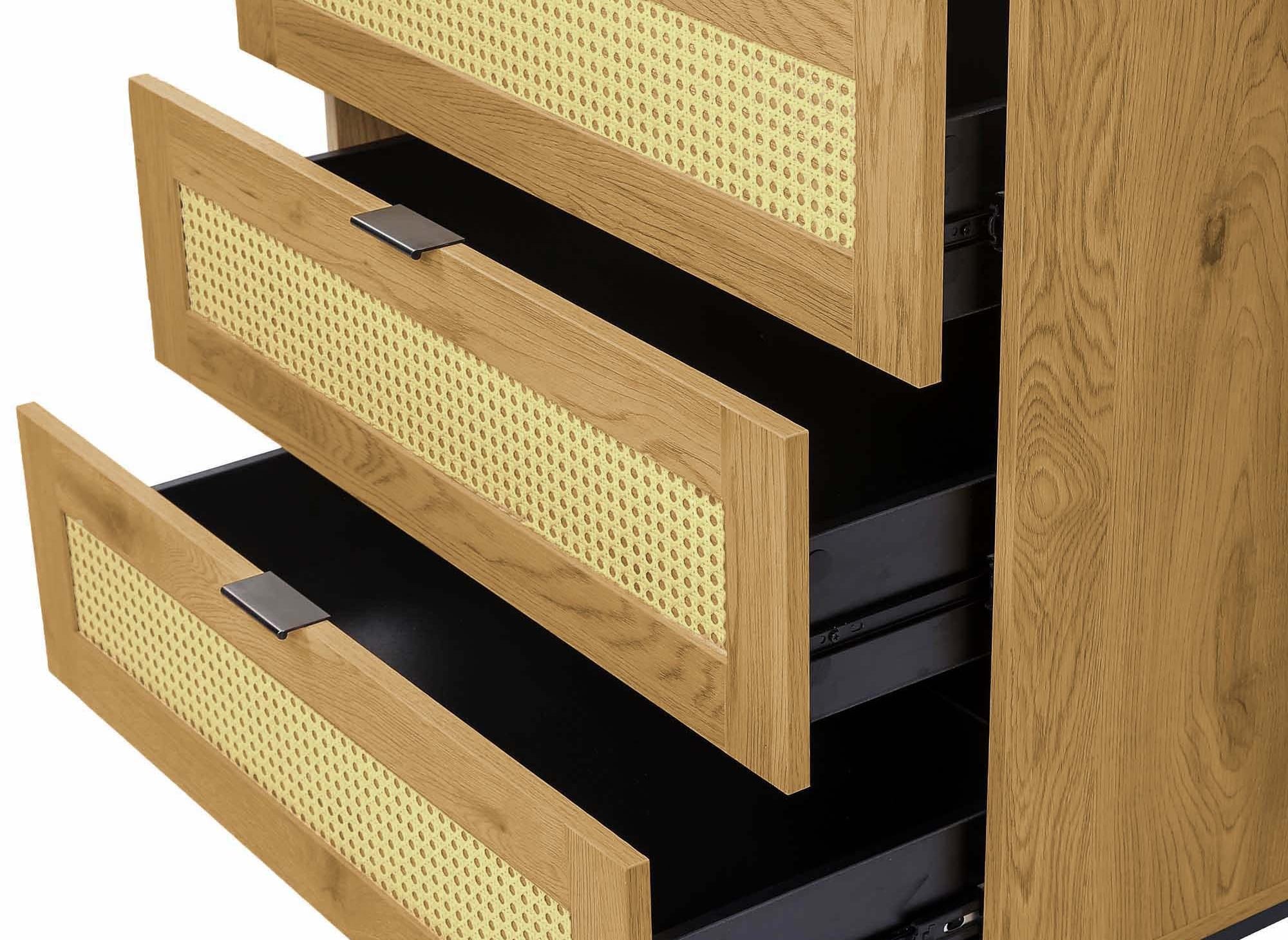 Cómoda escandinava TULLIO de 3 cajones en madera, metal y rejilla.