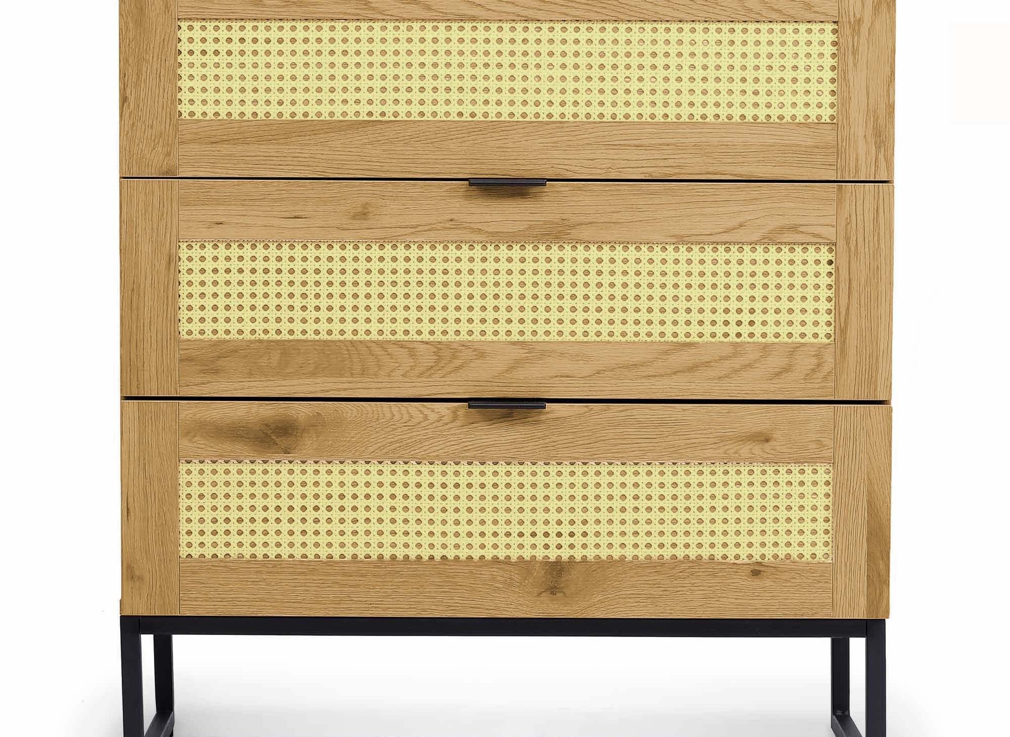 Cómoda escandinava TULLIO de 3 cajones en madera, metal y rejilla.