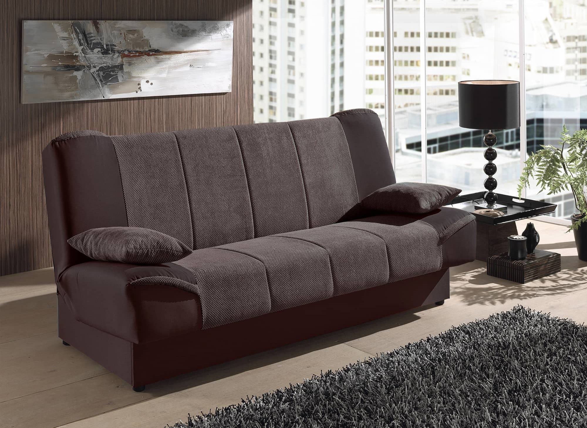 Sofá convertible marrón NATI con mecanismo clic-clac