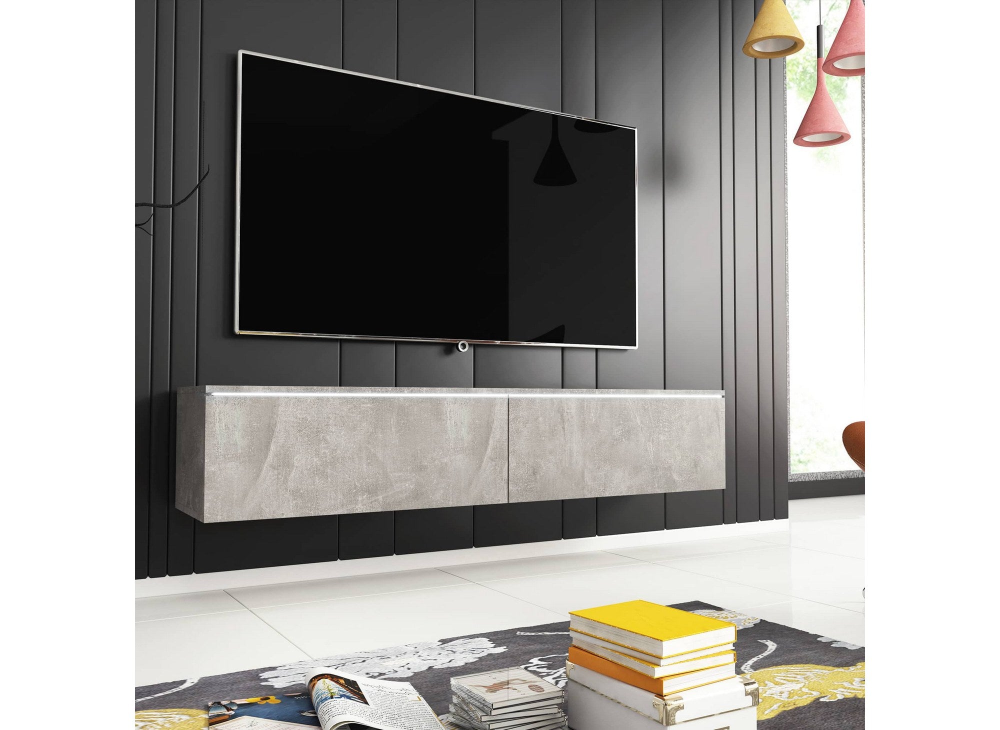 Mueble de TV contemporáneo MALORIE en gris hormigón con iluminación LED y 2 puertas - 180 cm
