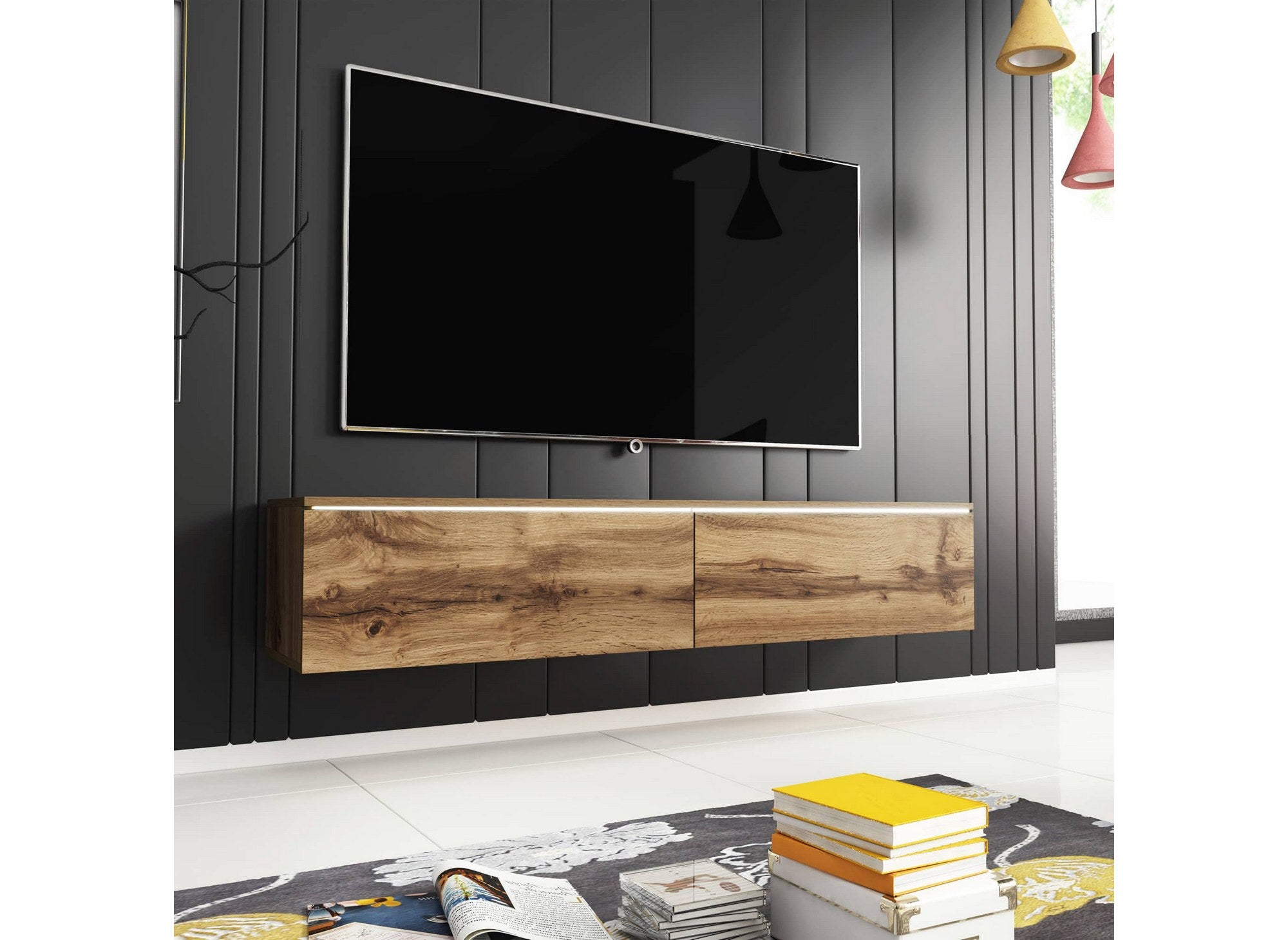 Mueble de TV MALORIE de roble contemporáneo con iluminación LED y 2 puertas - 180 cm