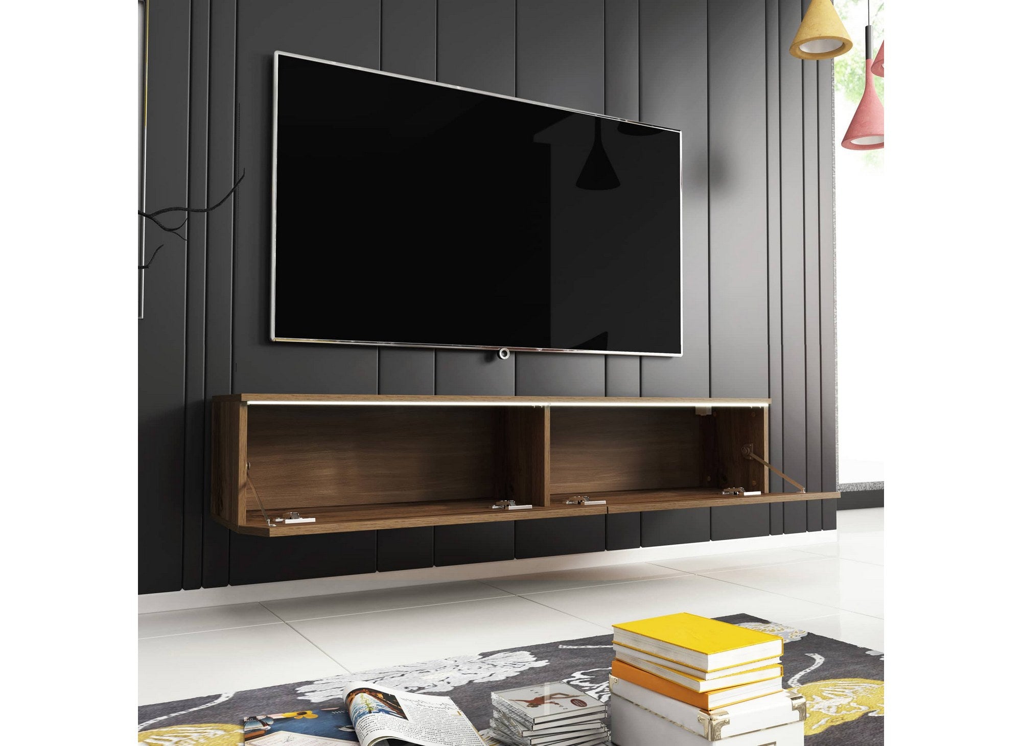 Mueble de TV MALORIE de roble contemporáneo con iluminación LED y 2 puertas - 180 cm