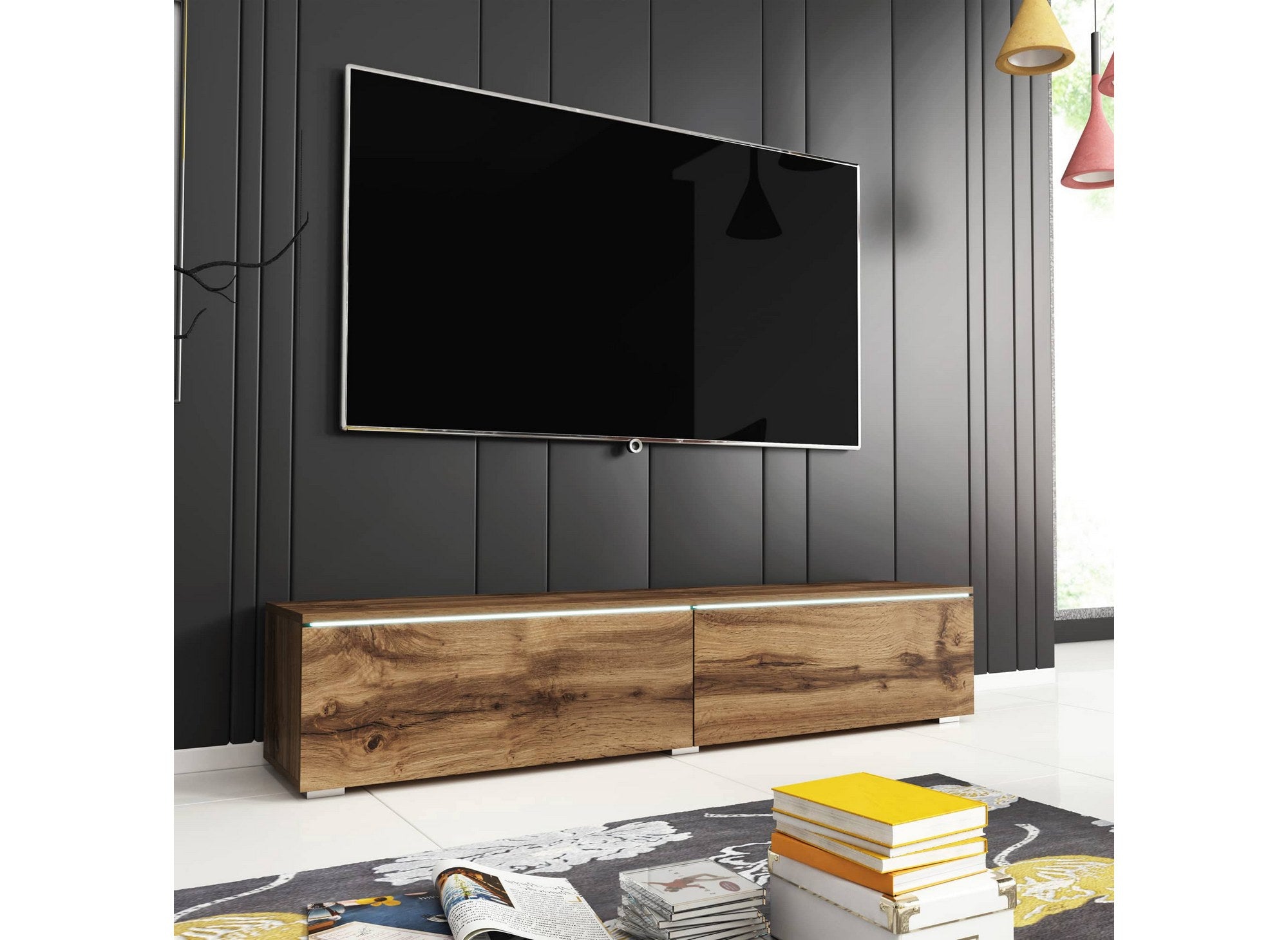 Mueble de TV MALORIE de roble contemporáneo con iluminación LED y 2 puertas - 180 cm