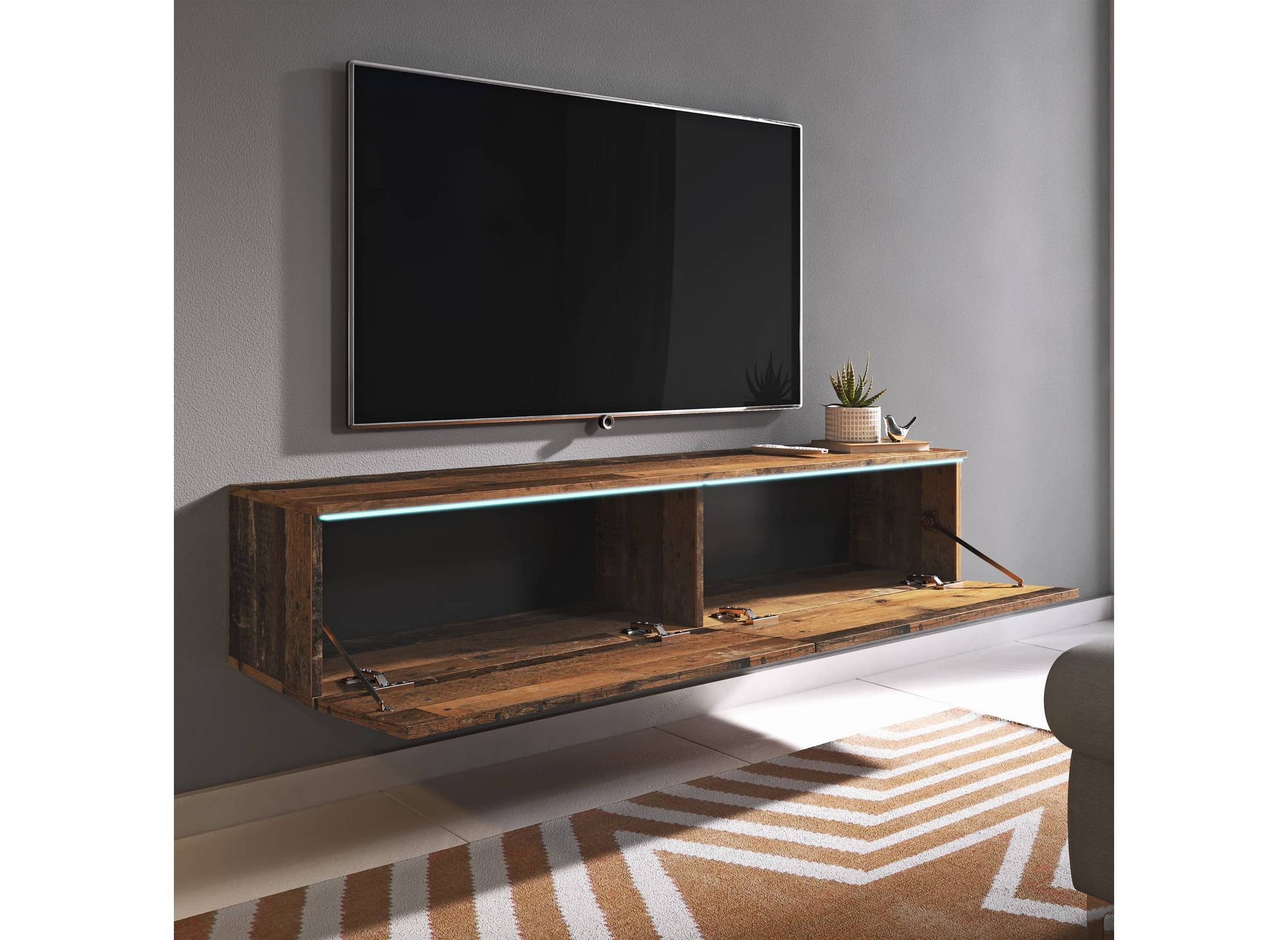 Mueble de TV contemporáneo en antracita y roble oscuro envejecido con iluminación LED, 2 puertas, MALORIE - 180 cm