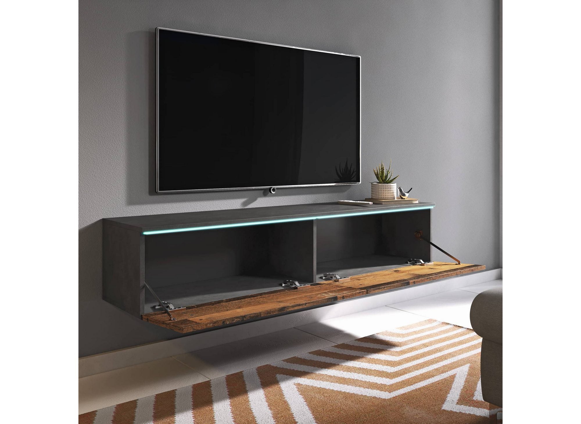 Mueble de TV contemporáneo en antracita y roble con iluminación LED y 2 puertas, MALORIE - 180 cm
