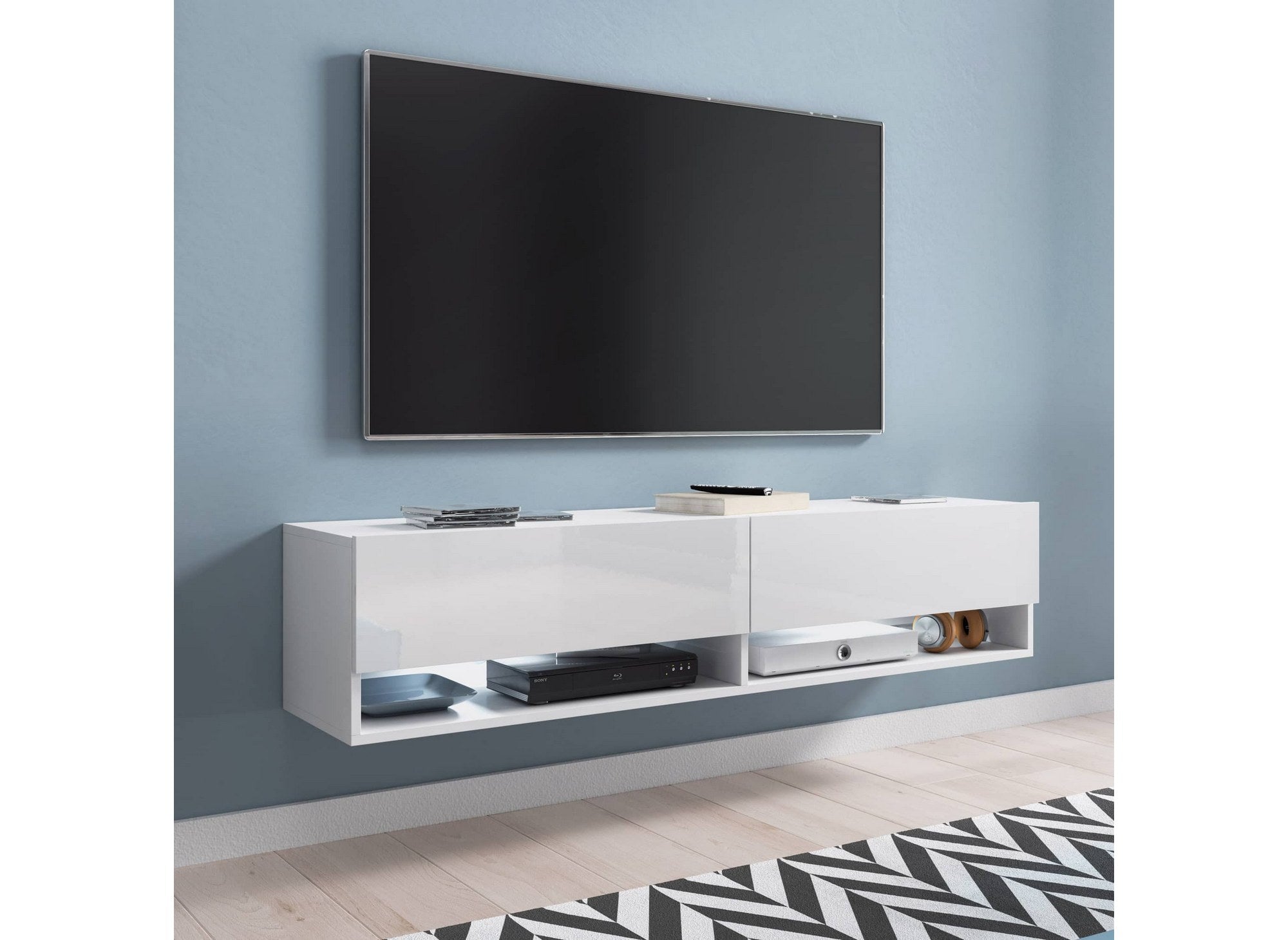 Mueble de TV mural ROMANE con 1 puerta y 2 estantes, blanco - 100 cm